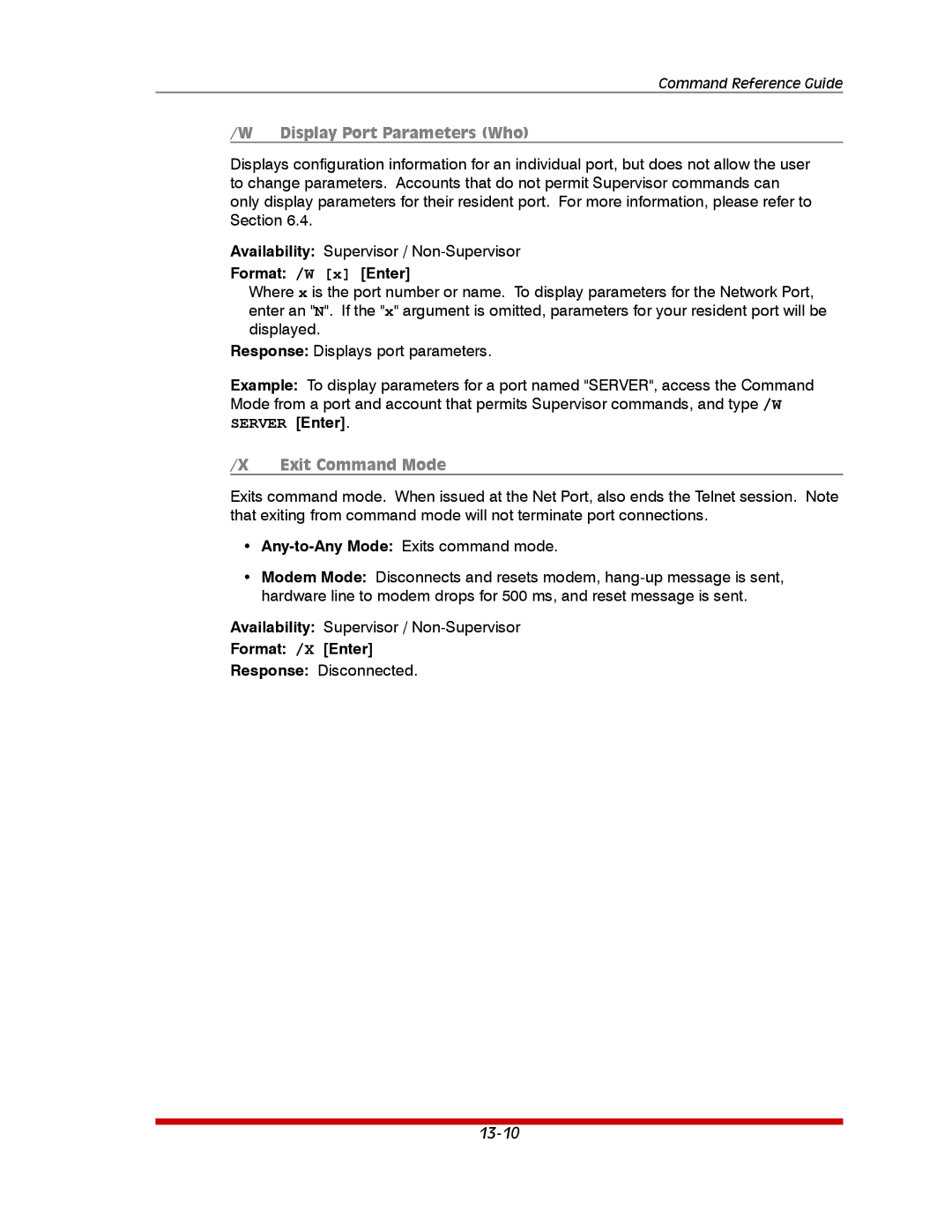 Western Telematic RSM-16, RSM-32DC manual Display Port Parameters Who, Format /W x Enter, Exit Command Mode, Format /X Enter 