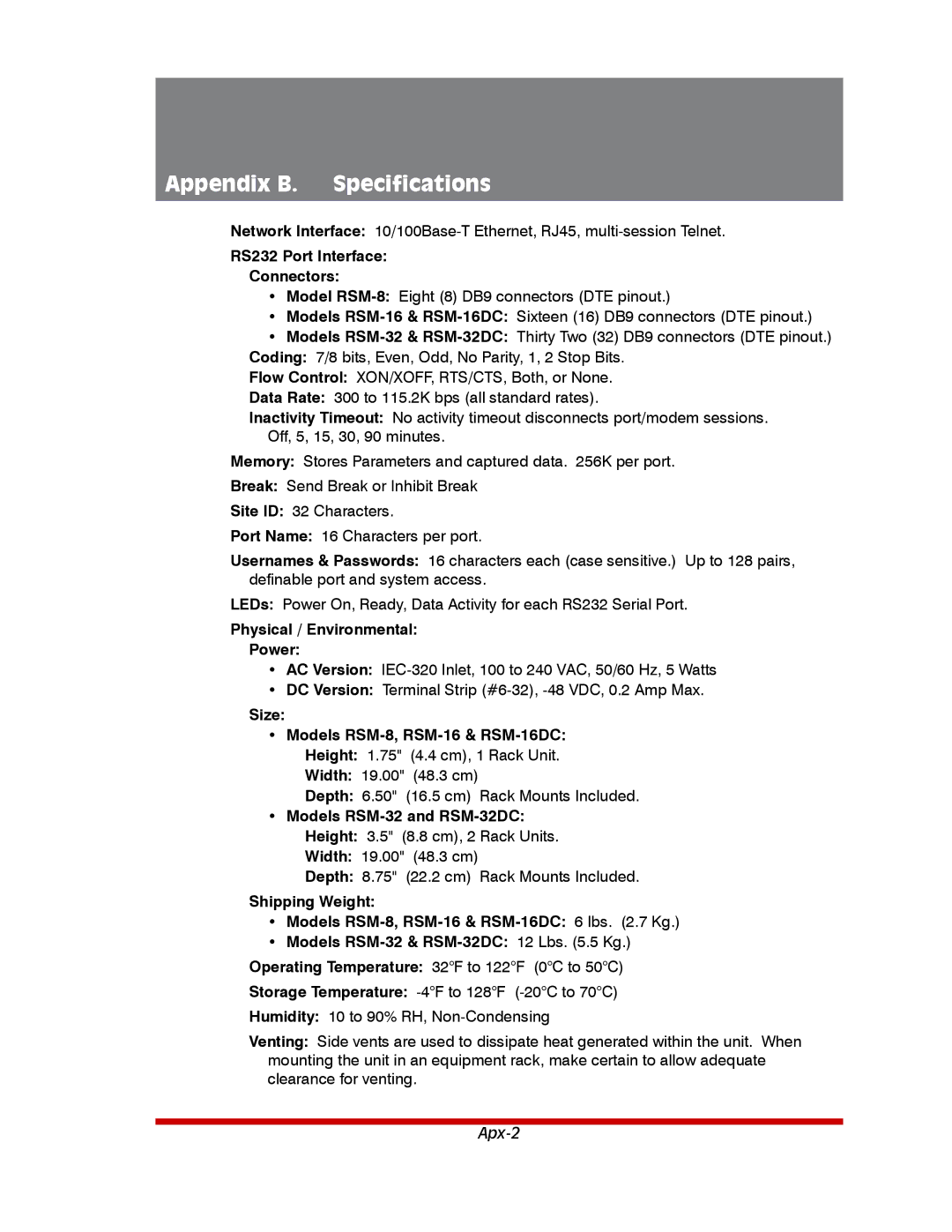 Western Telematic RSM-16DC Appendix B. Specifications, RS232 Port Interface Connectors, Physical / Environmental Power 