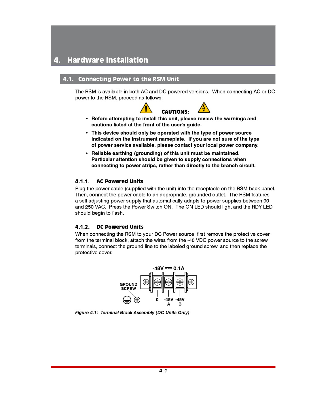 Western Telematic RSM-32DC, RSM-8, RSM-16 manual Hardware Installation, Connecting Power to the RSM Unit, DC Powered Units 