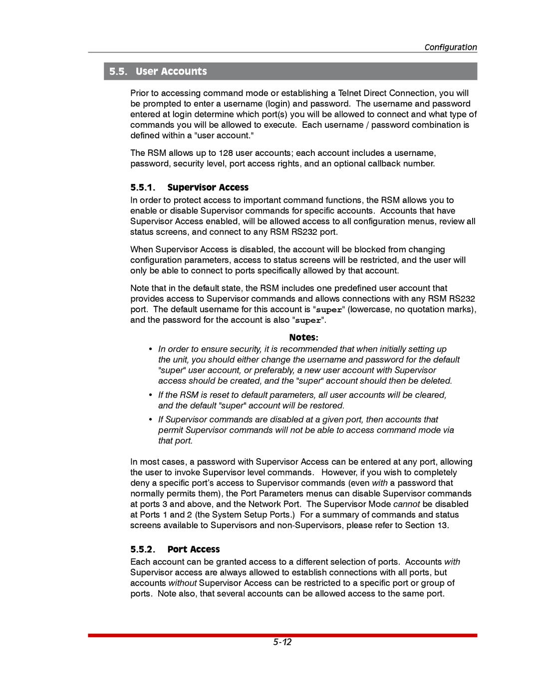Western Telematic RSM-8, RSM-32DC, RSM-16DC manual User Accounts, Supervisor Access, Port Access 