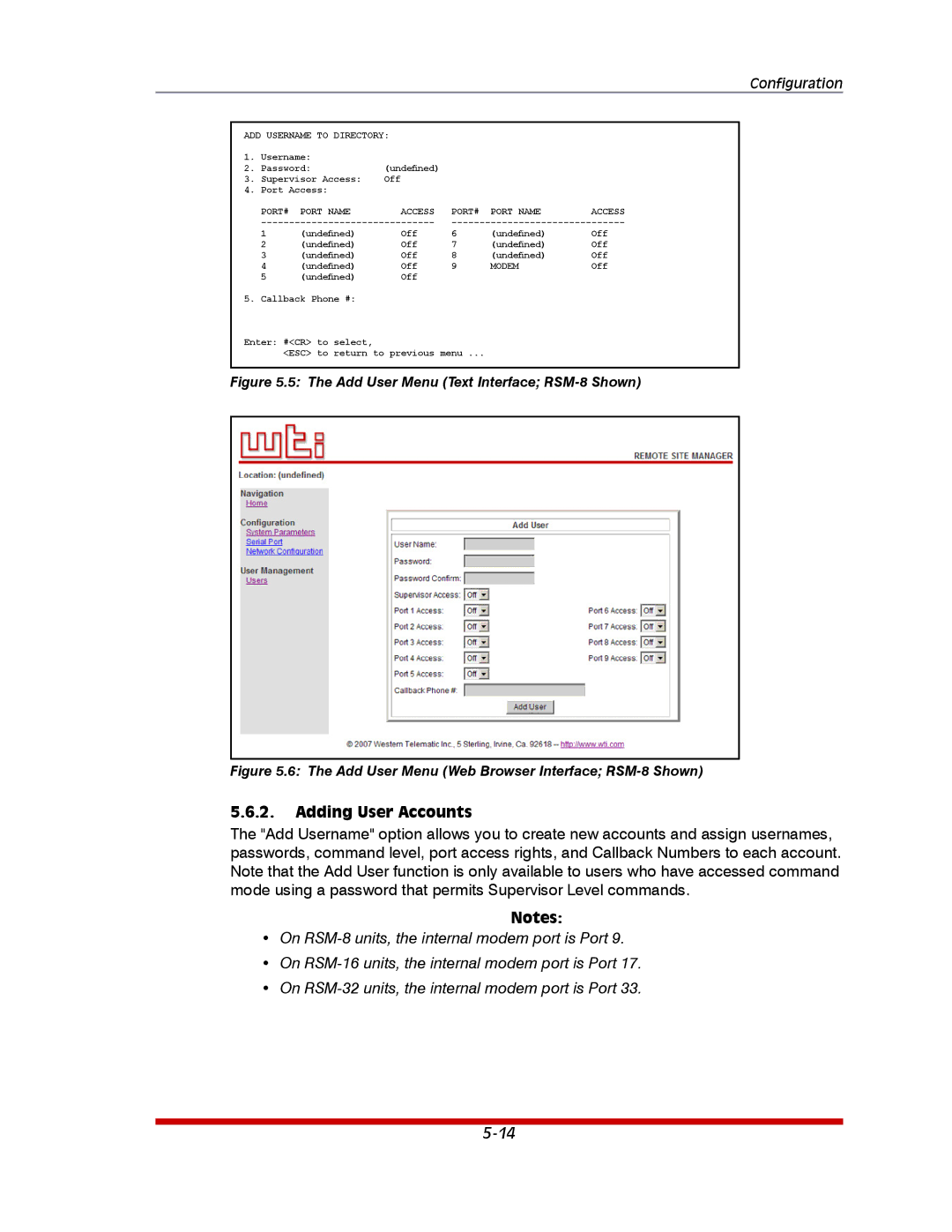 Western Telematic RSM-32DC, RSM-16DC manual Adding User Accounts, Add User Menu Text Interface RSM-8 Shown 