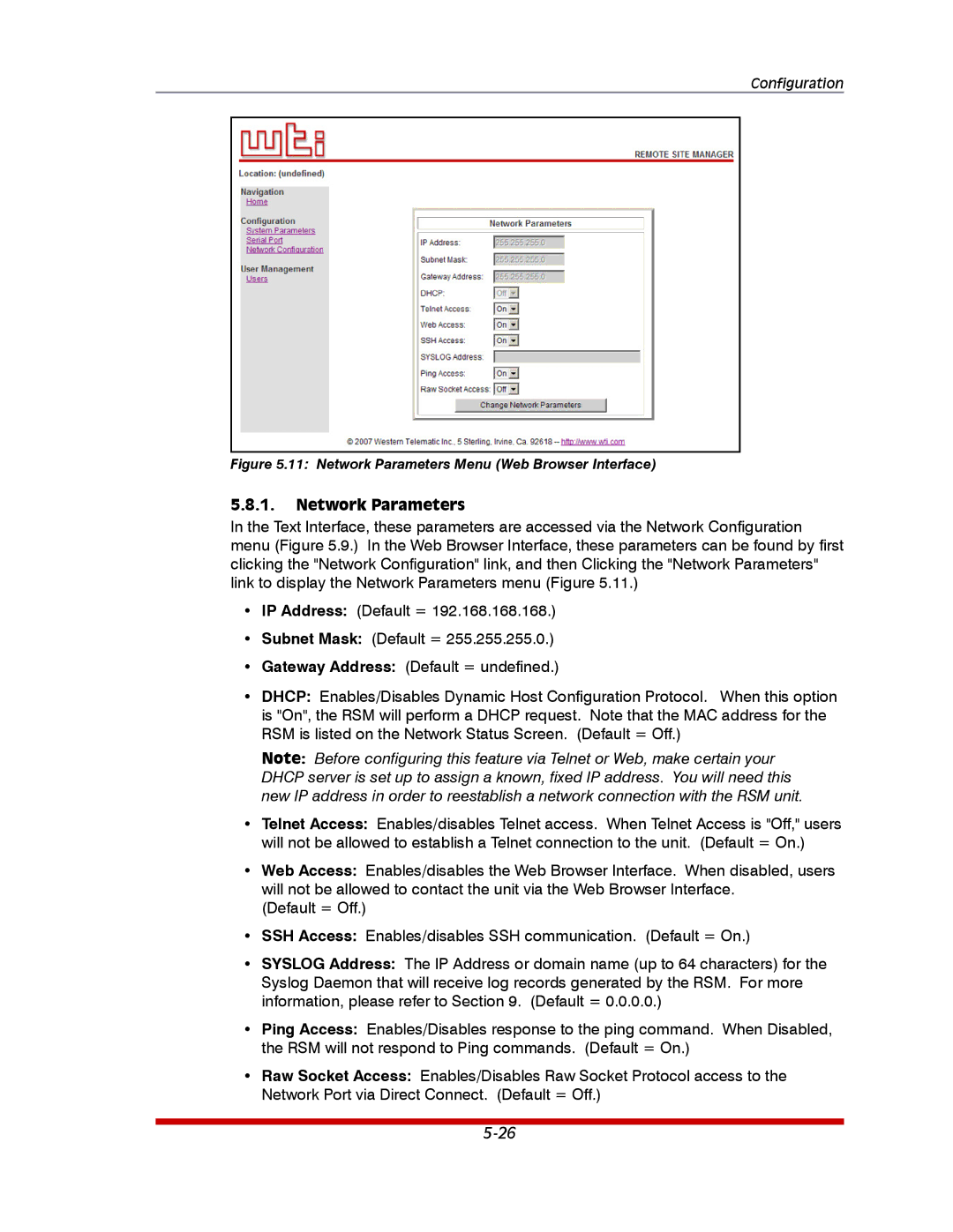 Western Telematic RSM-32DC, RSM-8, RSM-16DC manual Network Parameters Menu Web Browser Interface 