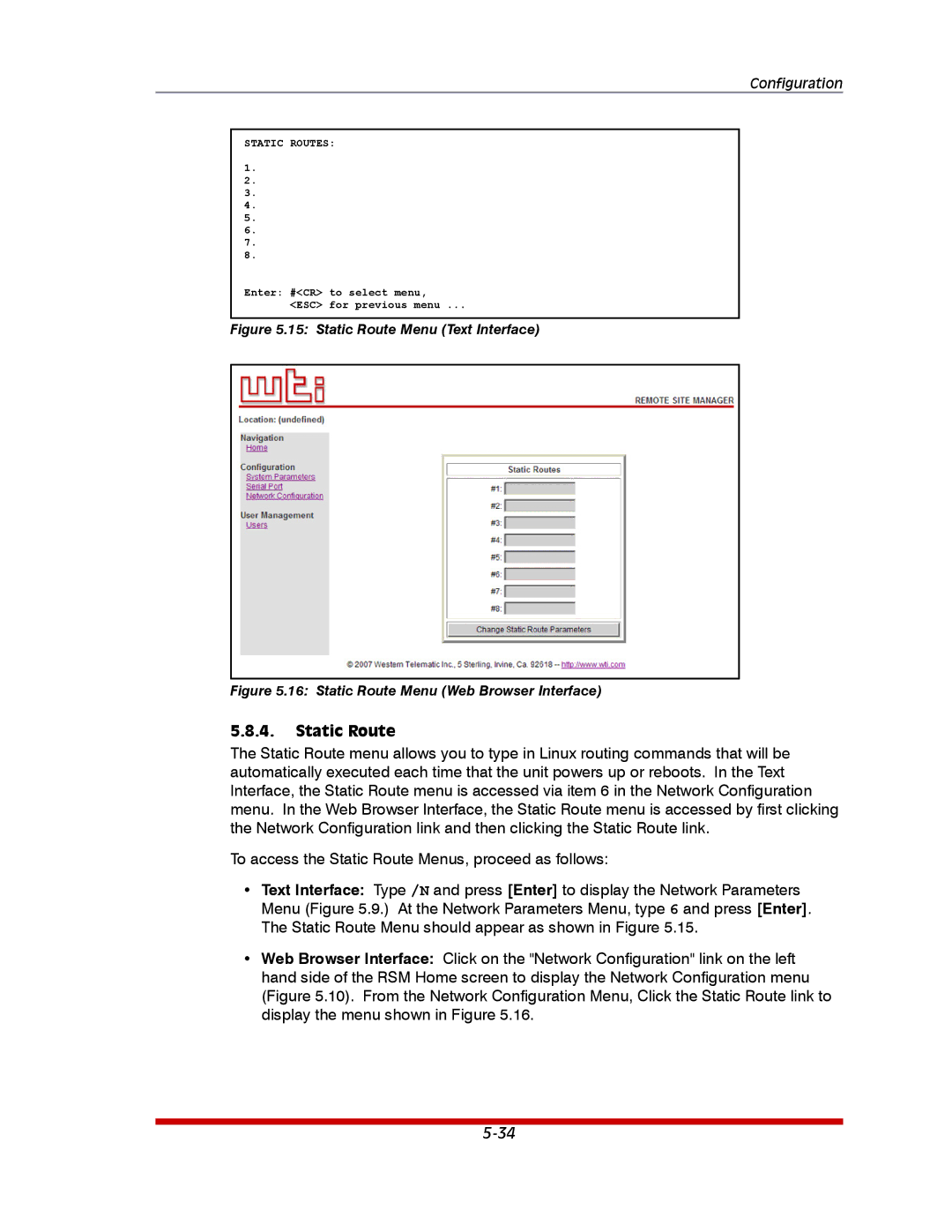 Western Telematic RSM-32DC, RSM-8, RSM-16DC manual Static Route Menu Text Interface 