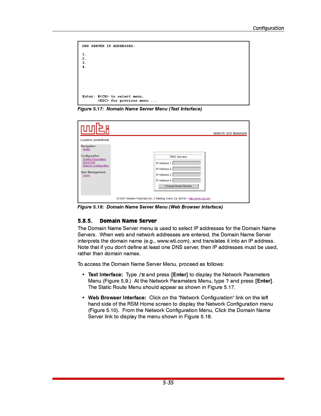 Western Telematic RSM-16DC, RSM-32DC, RSM-8 manual Domain Name Server, Nomain Name Server Menu Text Interface 