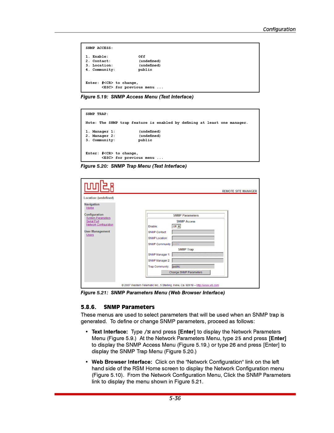 Western Telematic RSM-32DC, RSM-8, RSM-16DC manual Snmp Parameters, Snmp Access Menu Text Interface 