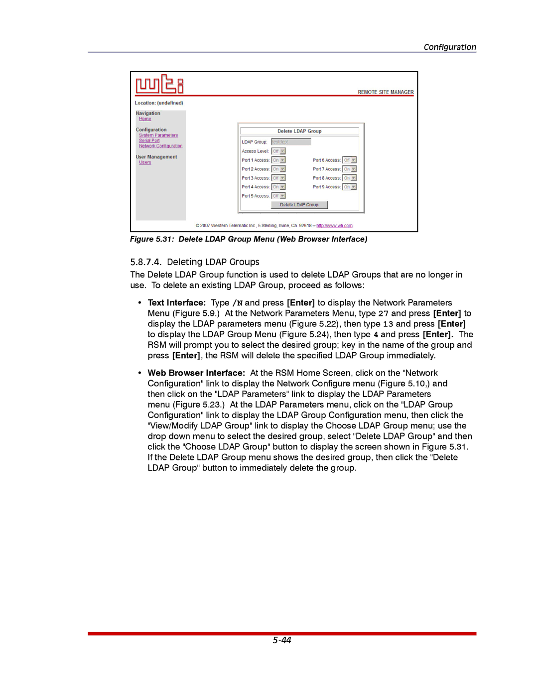 Western Telematic RSM-32DC, RSM-8, RSM-16DC manual Delete Ldap Group Menu Web Browser Interface 