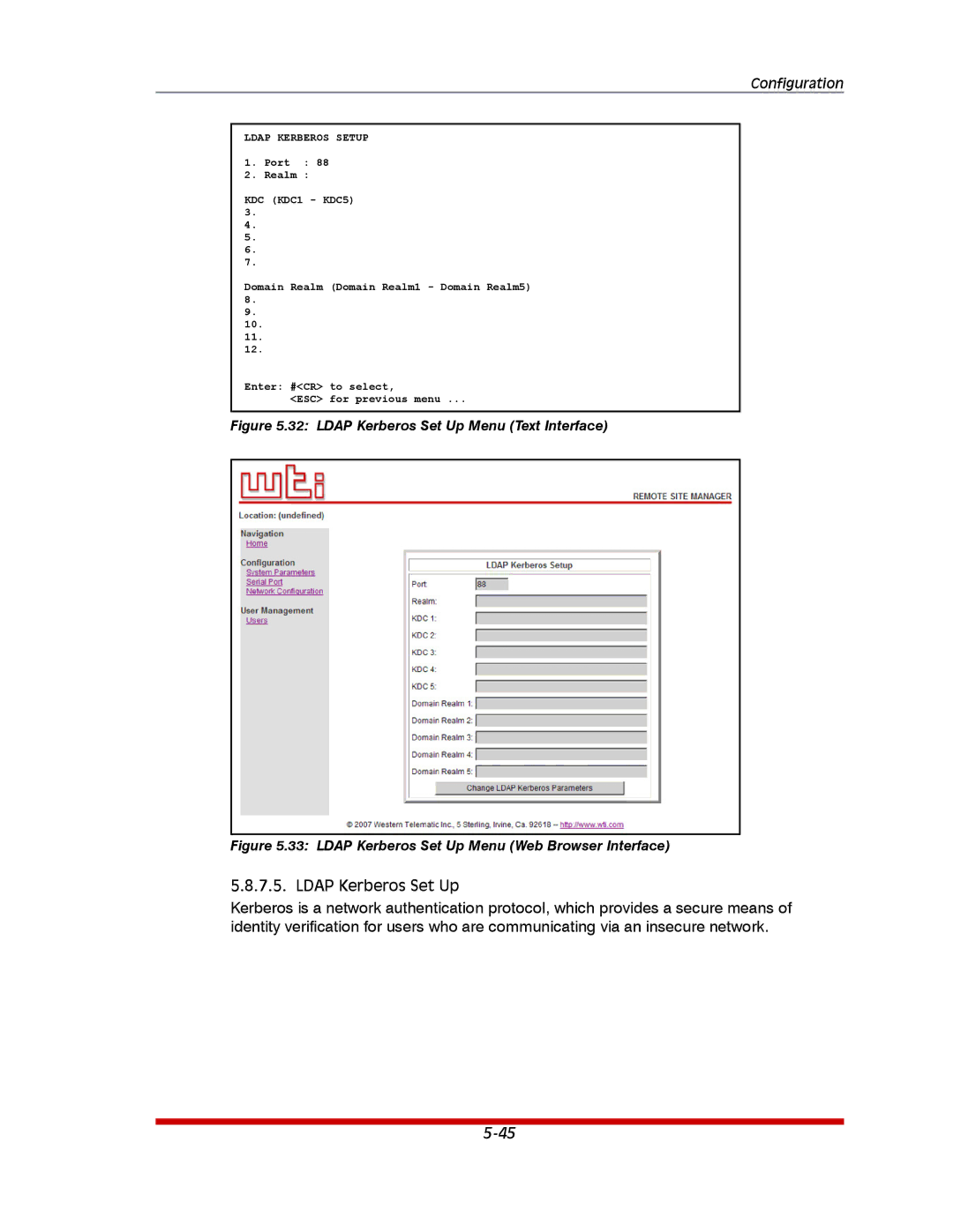 Western Telematic RSM-16DC, RSM-32DC, RSM-8 manual Ldap Kerberos Set Up Menu Text Interface 