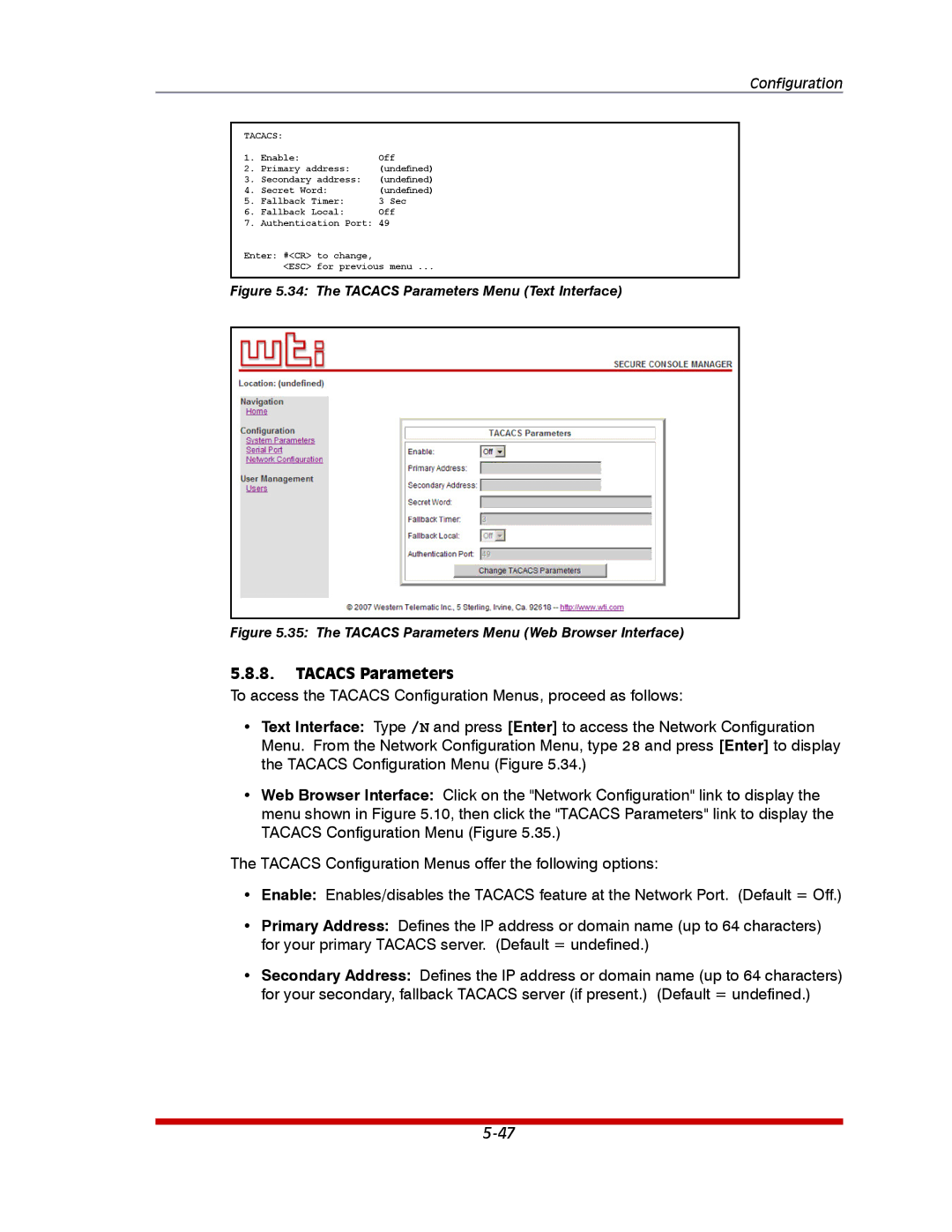 Western Telematic RSM-8, RSM-32DC, RSM-16DC manual The Tacacs Parameters Menu Text Interface 