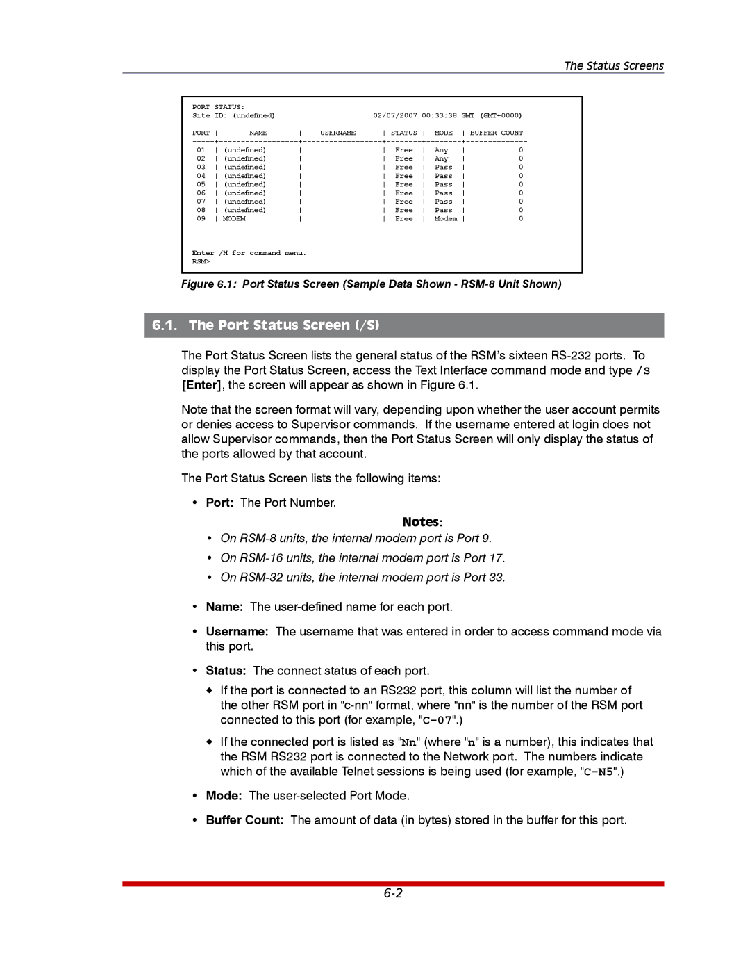 Western Telematic RSM-32DC, RSM-8, RSM-16DC manual Port Status Screen /S, Status Screens 