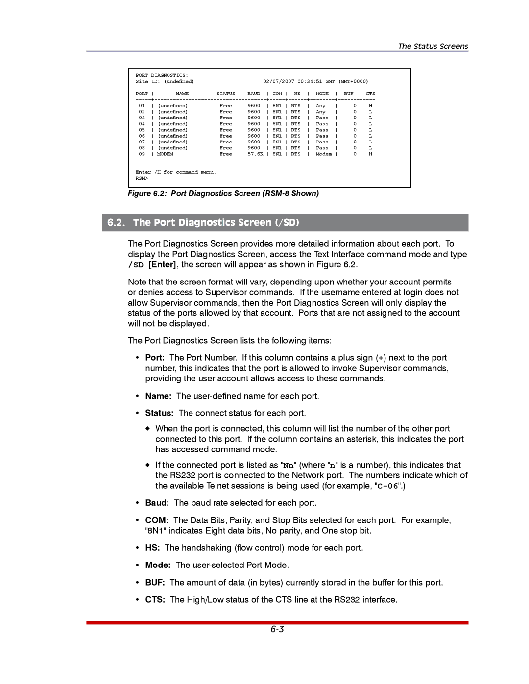 Western Telematic RSM-16DC, RSM-32DC manual Port Diagnostics Screen /SD, Port Diagnostics Screen RSM-8 Shown 