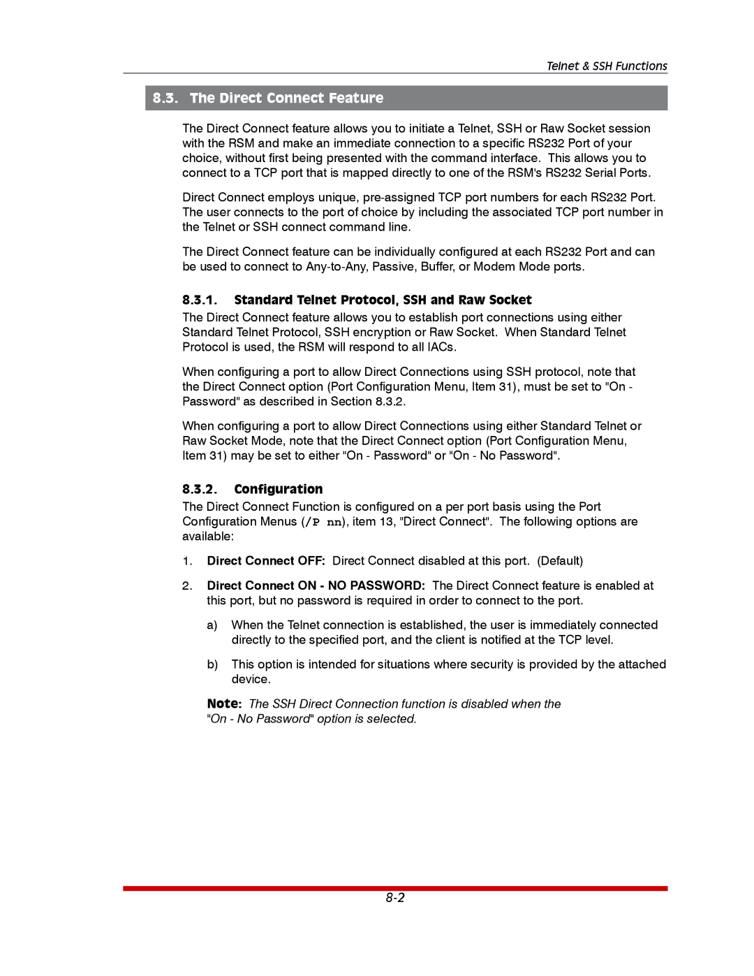 Western Telematic RSM-32DC, RSM-8 Direct Connect Feature, Standard Telnet Protocol, SSH and Raw Socket, Configuration 