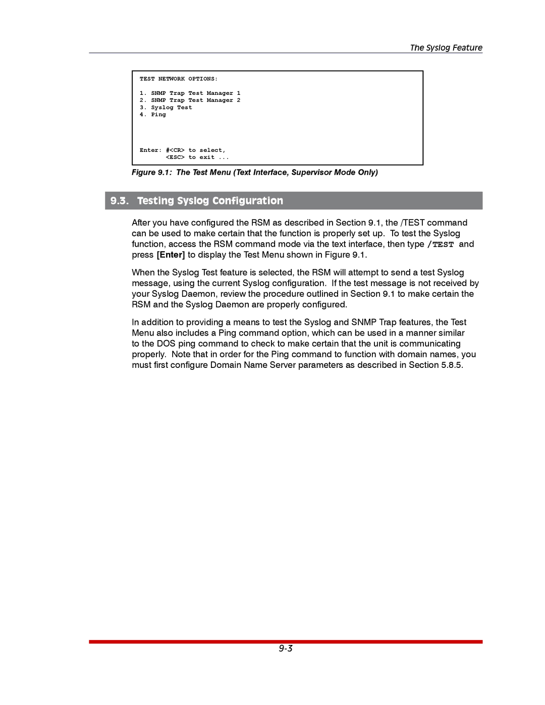 Western Telematic RSM-32DC, RSM-8, RSM-16 manual Testing Syslog Configuration, Test Menu Text Interface, Supervisor Mode Only 