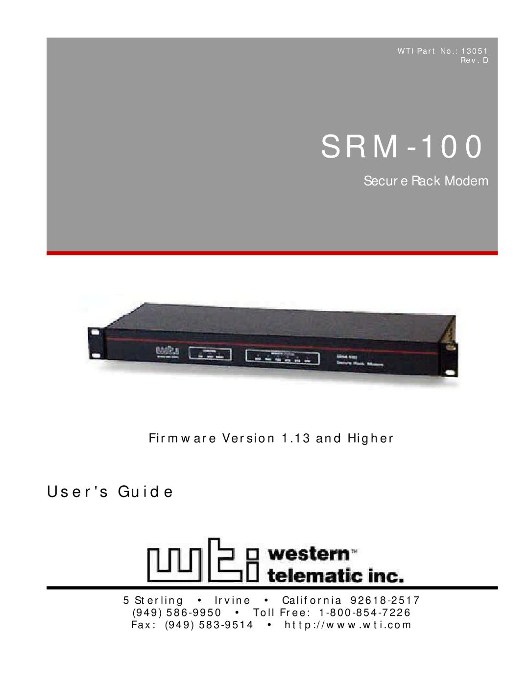 Western Telematic SRM-100 manual Users Guide, Firmware Version 1.13 and Higher 