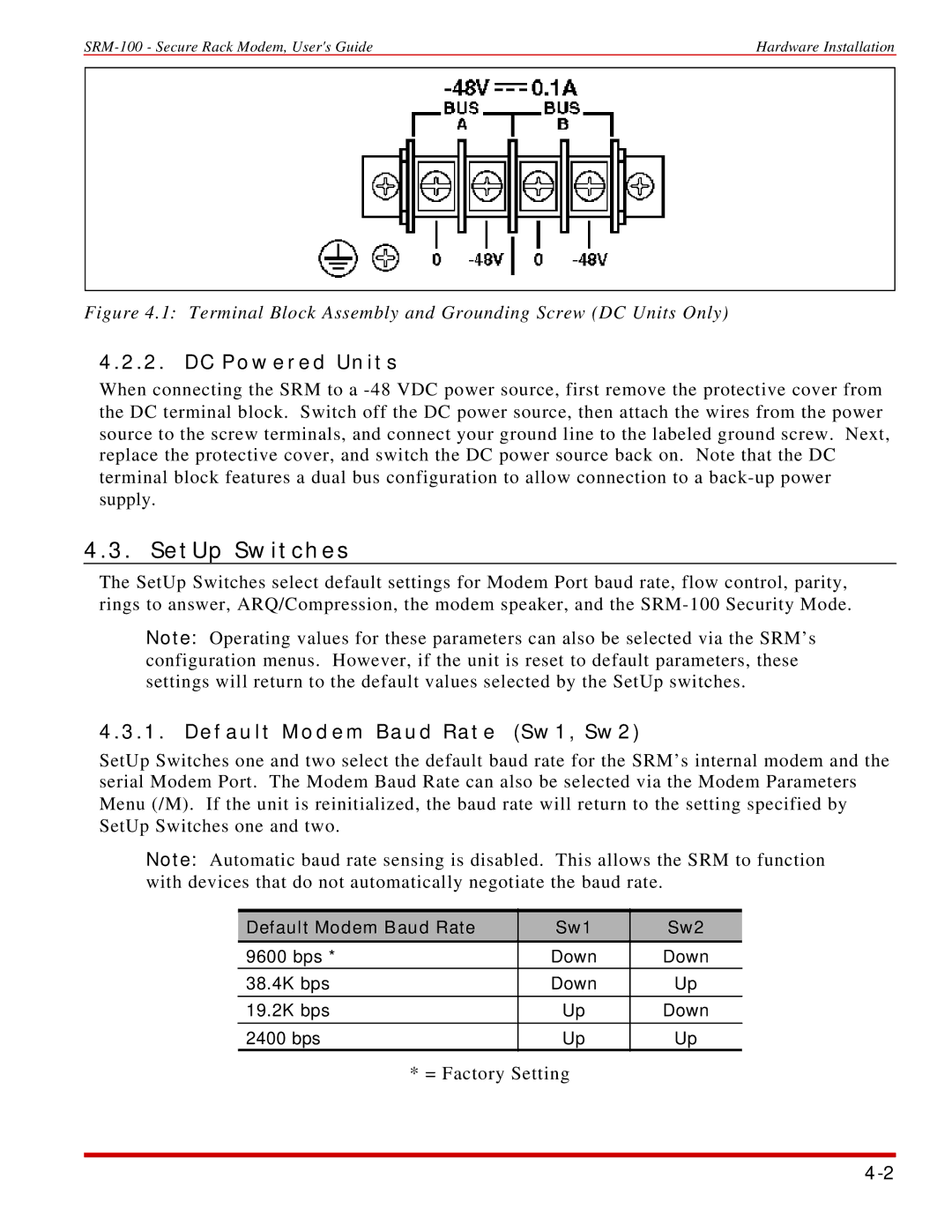 Western Telematic SRM-100 manual SetUp Switches, DC Powered Units, Default Modem Baud Rate Sw1, Sw2 