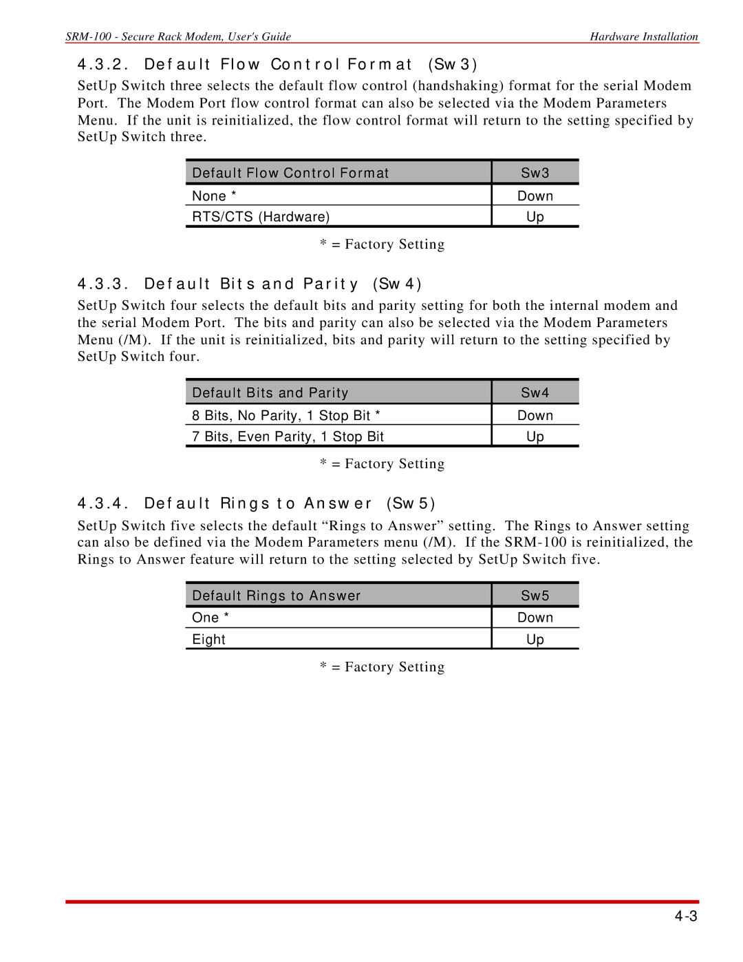 Western Telematic SRM-100 manual Default Flow Control Format Sw3, Default Bits and Parity Sw4, Default Rings to Answer Sw5 