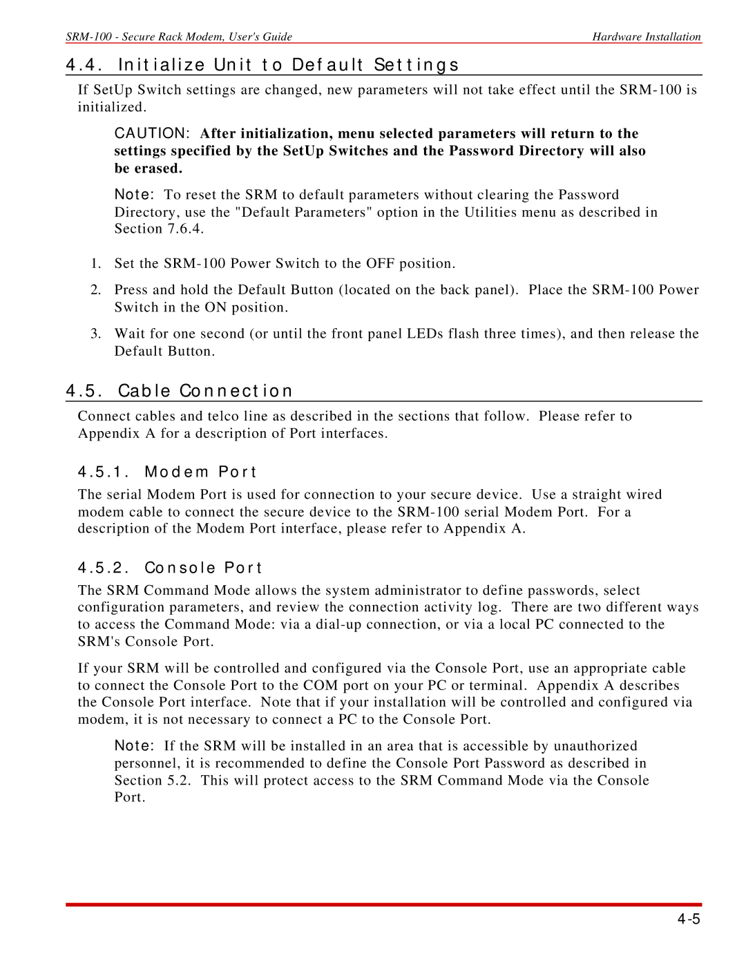 Western Telematic SRM-100 manual Initialize Unit to Default Settings, Cable Connection, Modem Port, Console Port 