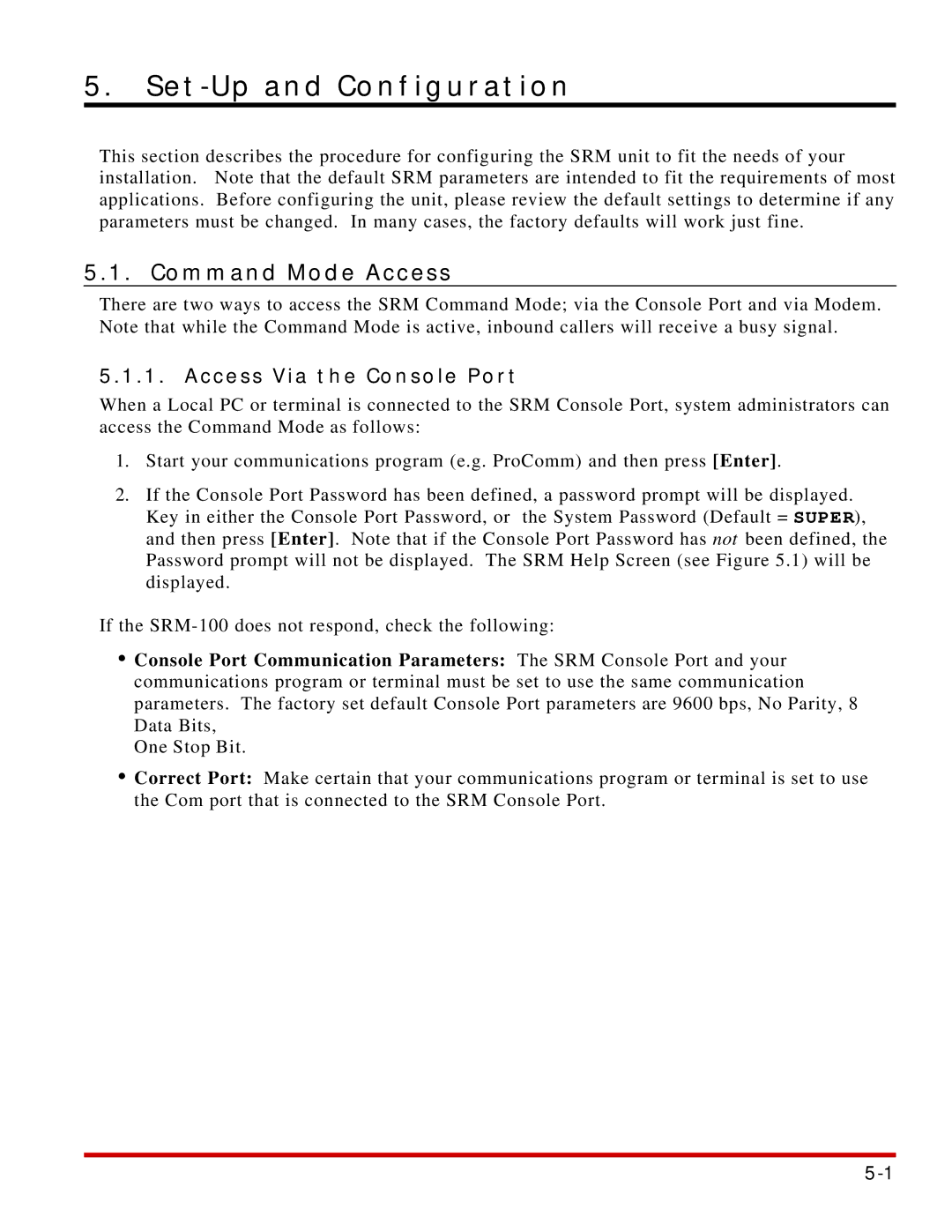 Western Telematic SRM-100 manual Set-Up and Configuration, Command Mode Access, Access Via the Console Port 