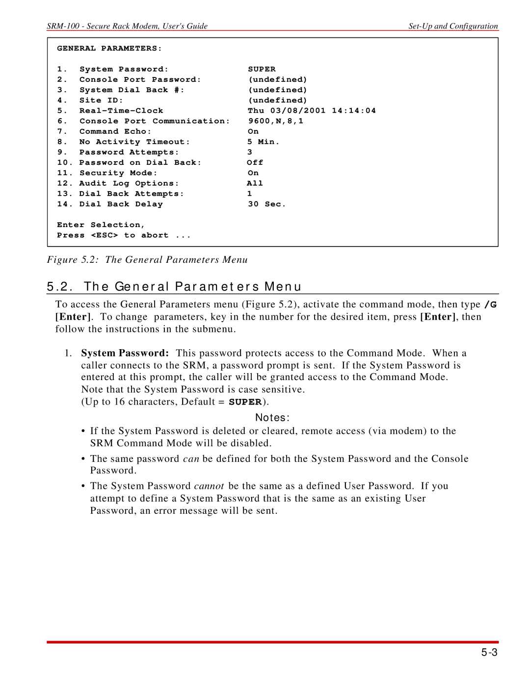 Western Telematic SRM-100 manual General Parameters Menu, Super, Esc 