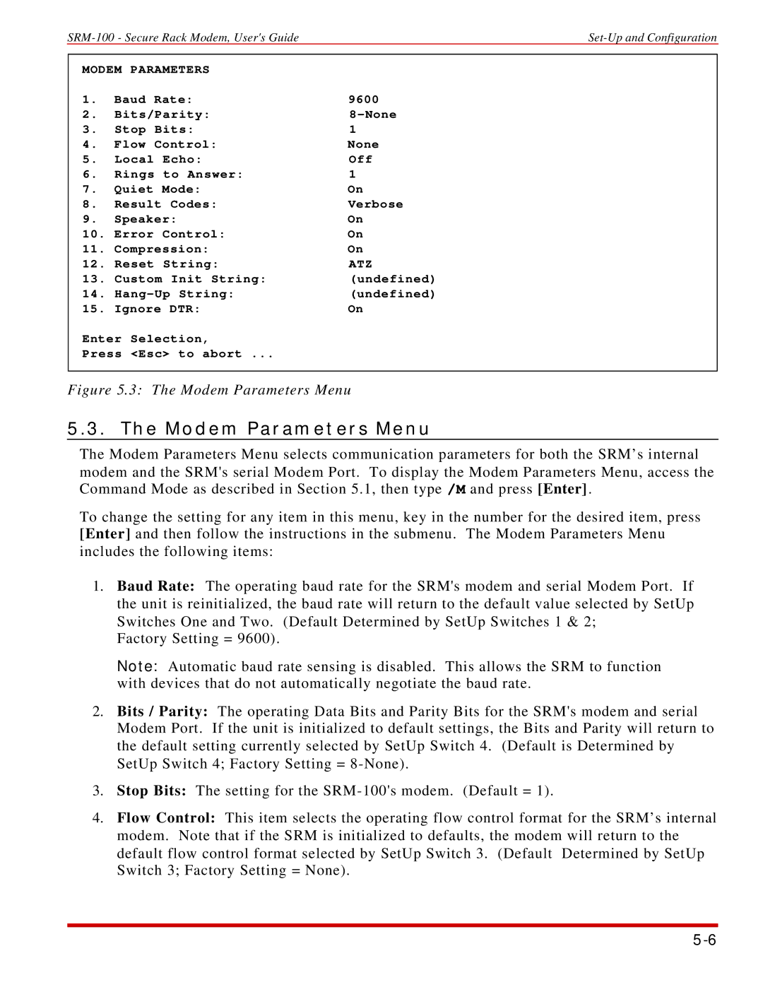 Western Telematic SRM-100 manual Modem Parameters Menu, Dtr 