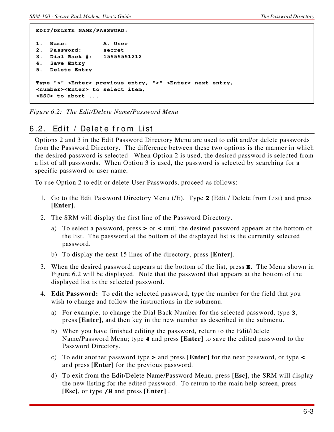 Western Telematic SRM-100 manual Edit / Delete from List, Edit/Delete Name/Password 