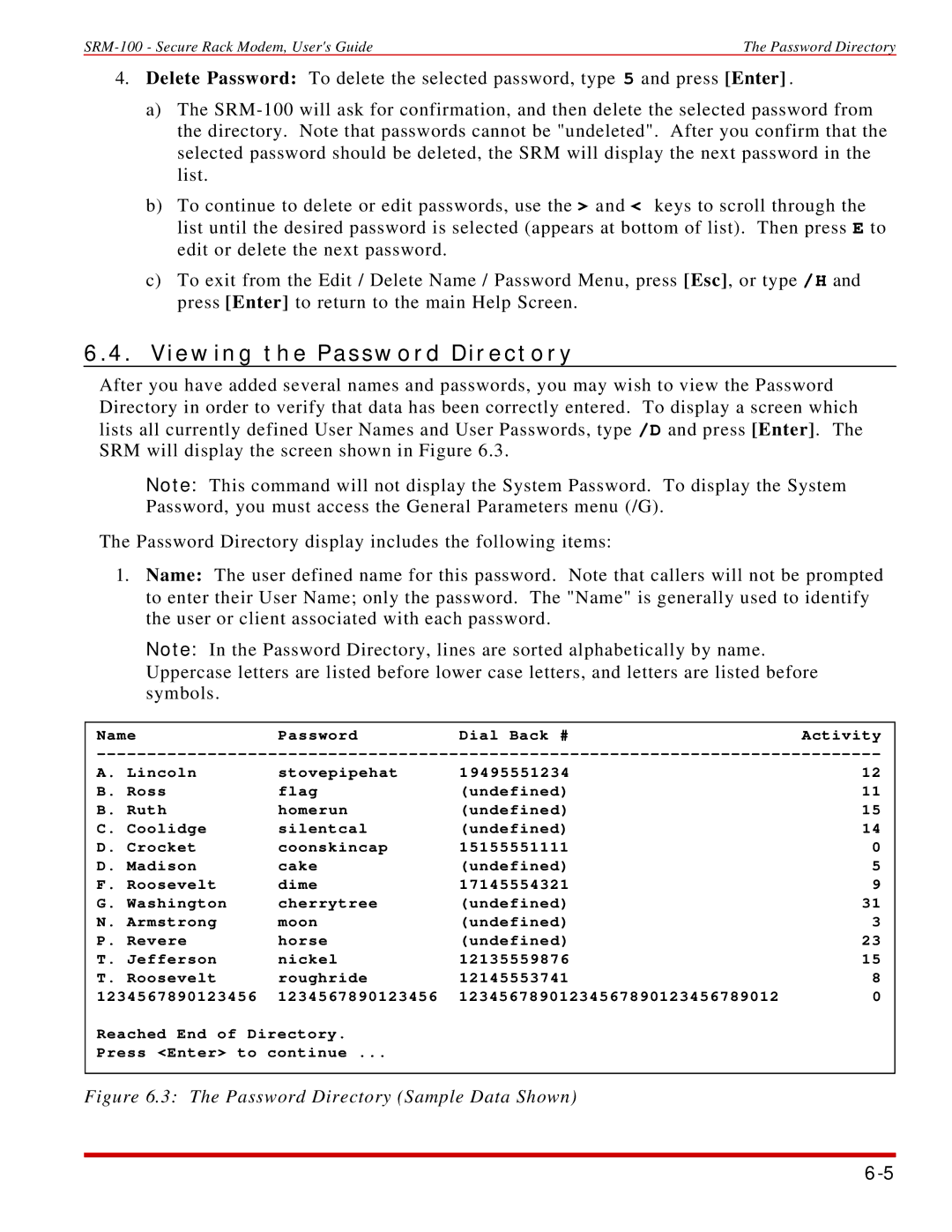 Western Telematic SRM-100 manual Viewing the Password Directory, Password Directory Sample Data Shown 