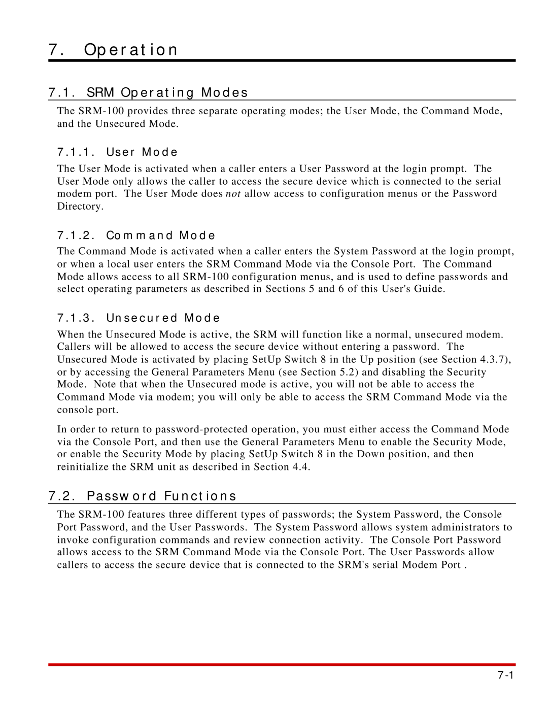 Western Telematic SRM-100 manual Operation, SRM Operating Modes, Password Functions 
