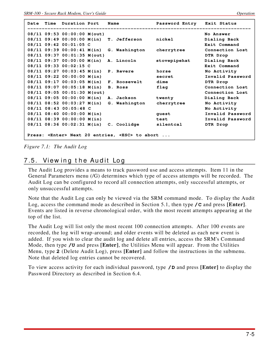 Western Telematic SRM-100 manual Viewing the Audit Log 