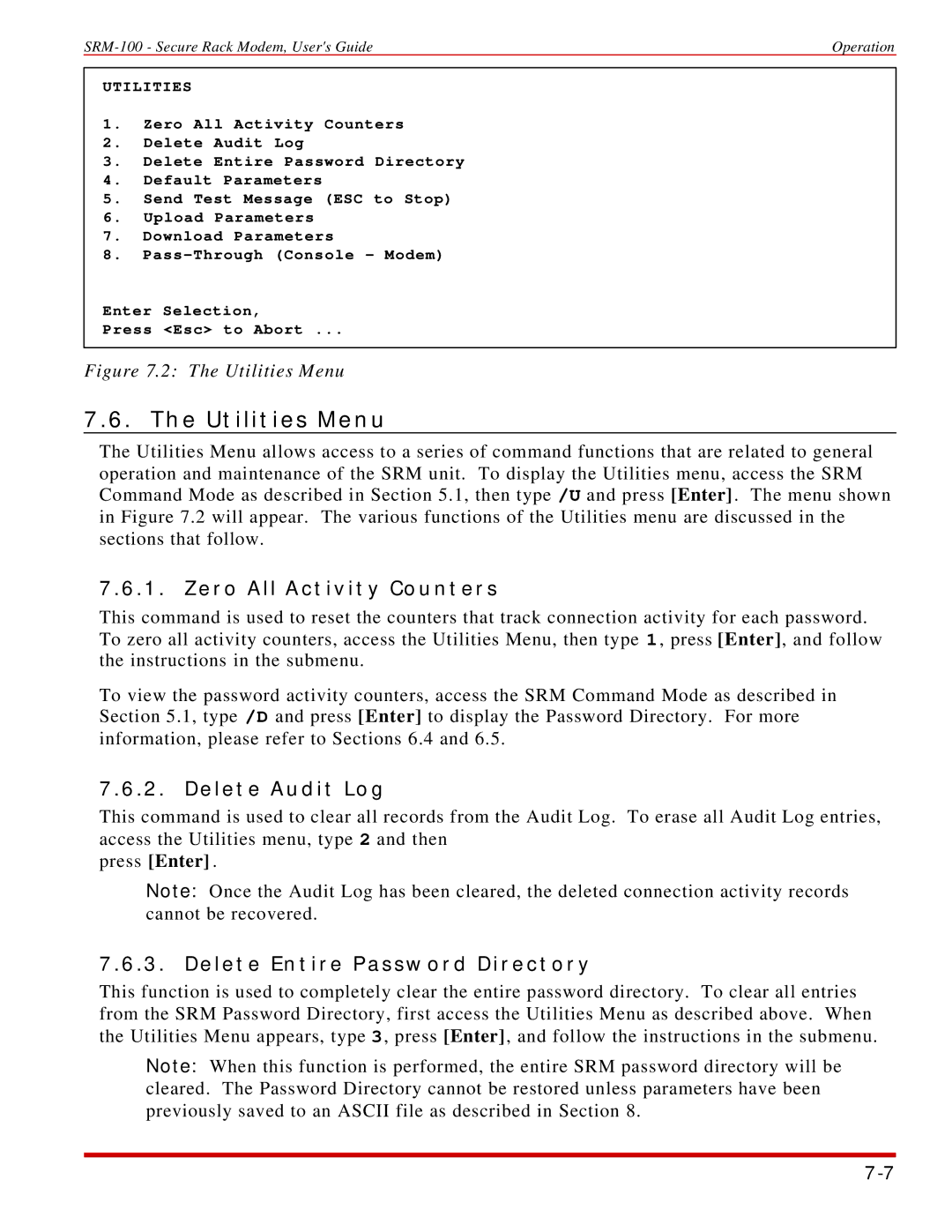 Western Telematic SRM-100 Utilities Menu, Zero All Activity Counters, Delete Audit Log, Delete Entire Password Directory 