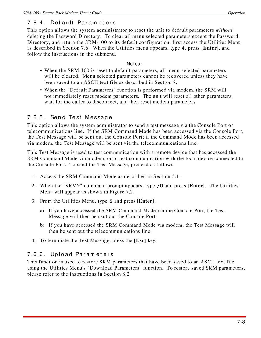Western Telematic SRM-100 manual Default Parameters, Send Test Message, Upload Parameters 