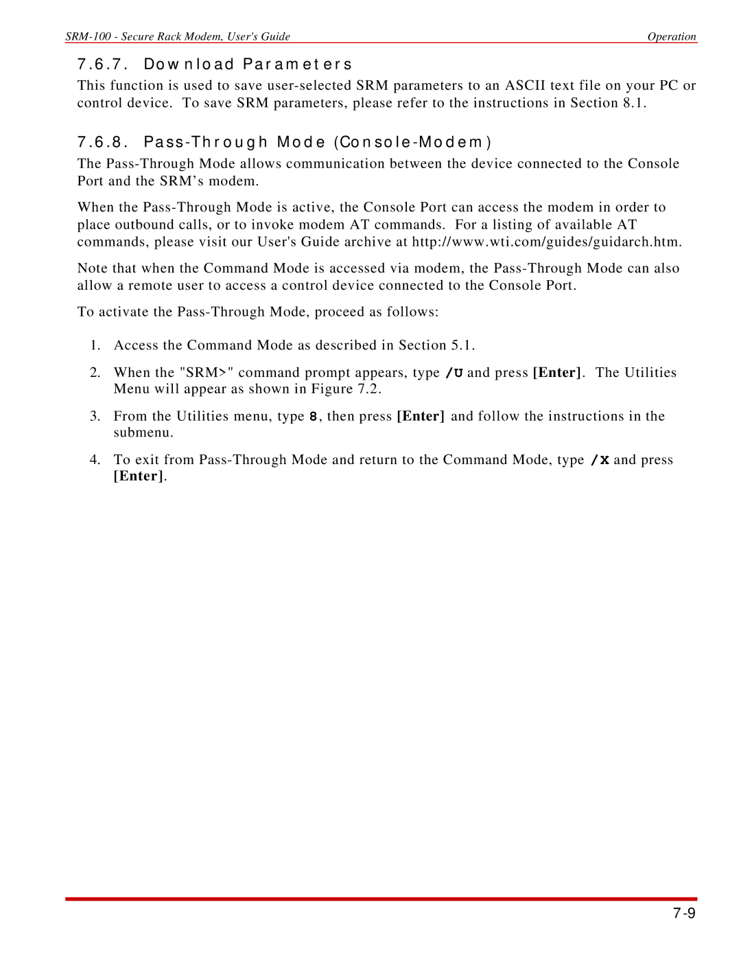 Western Telematic SRM-100 manual Download Parameters, Pass-Through Mode Console-Modem 