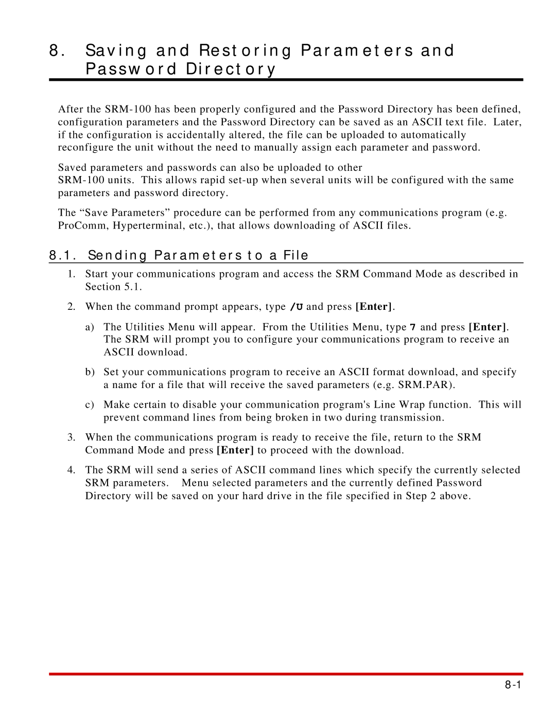 Western Telematic SRM-100 manual Saving and Restoring Parameters and Password Directory, Sending Parameters to a File 