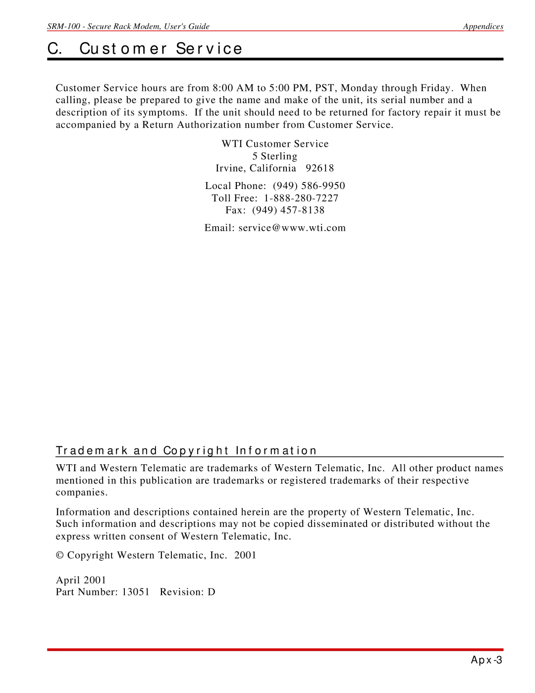 Western Telematic SRM-100 manual Customer Service, Trademark and Copyright Information 