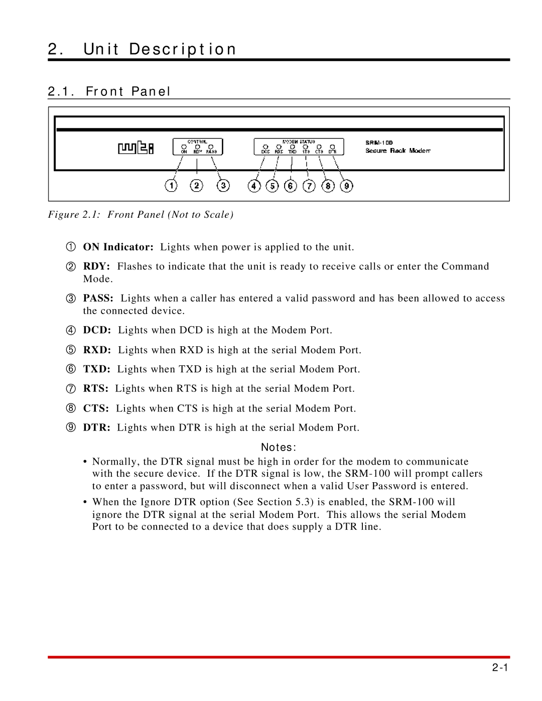 Western Telematic SRM-100 manual Unit Description, Front Panel 