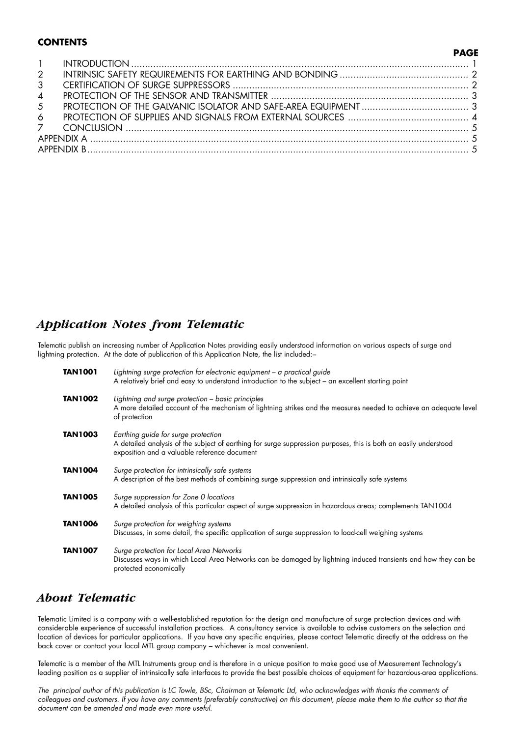 Western Telematic TAN-1005 manual Application Notes from Telematic, Contents 