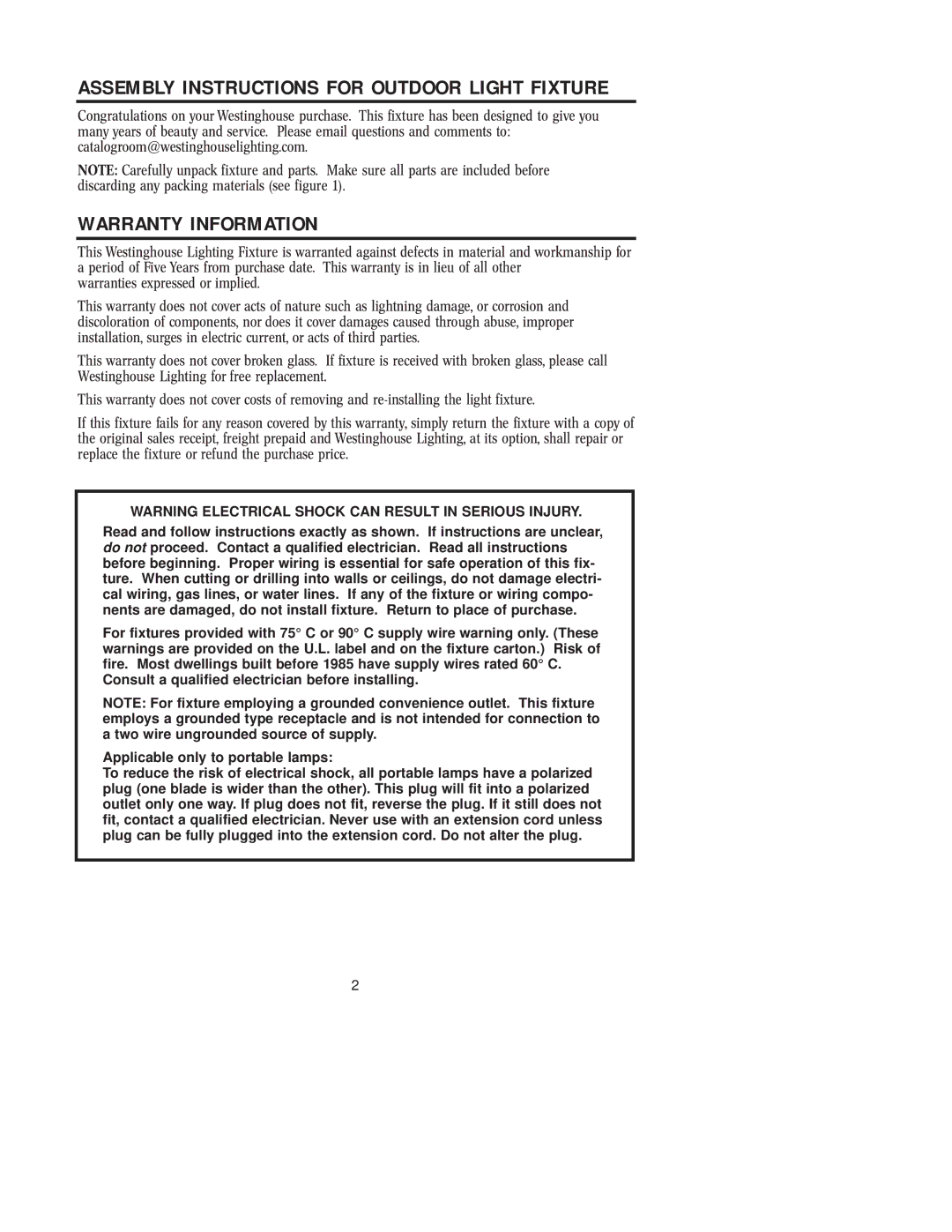 Westinghouse 100405 owner manual Warranty Information, Assembly Instructions for Outdoor Light Fixture 