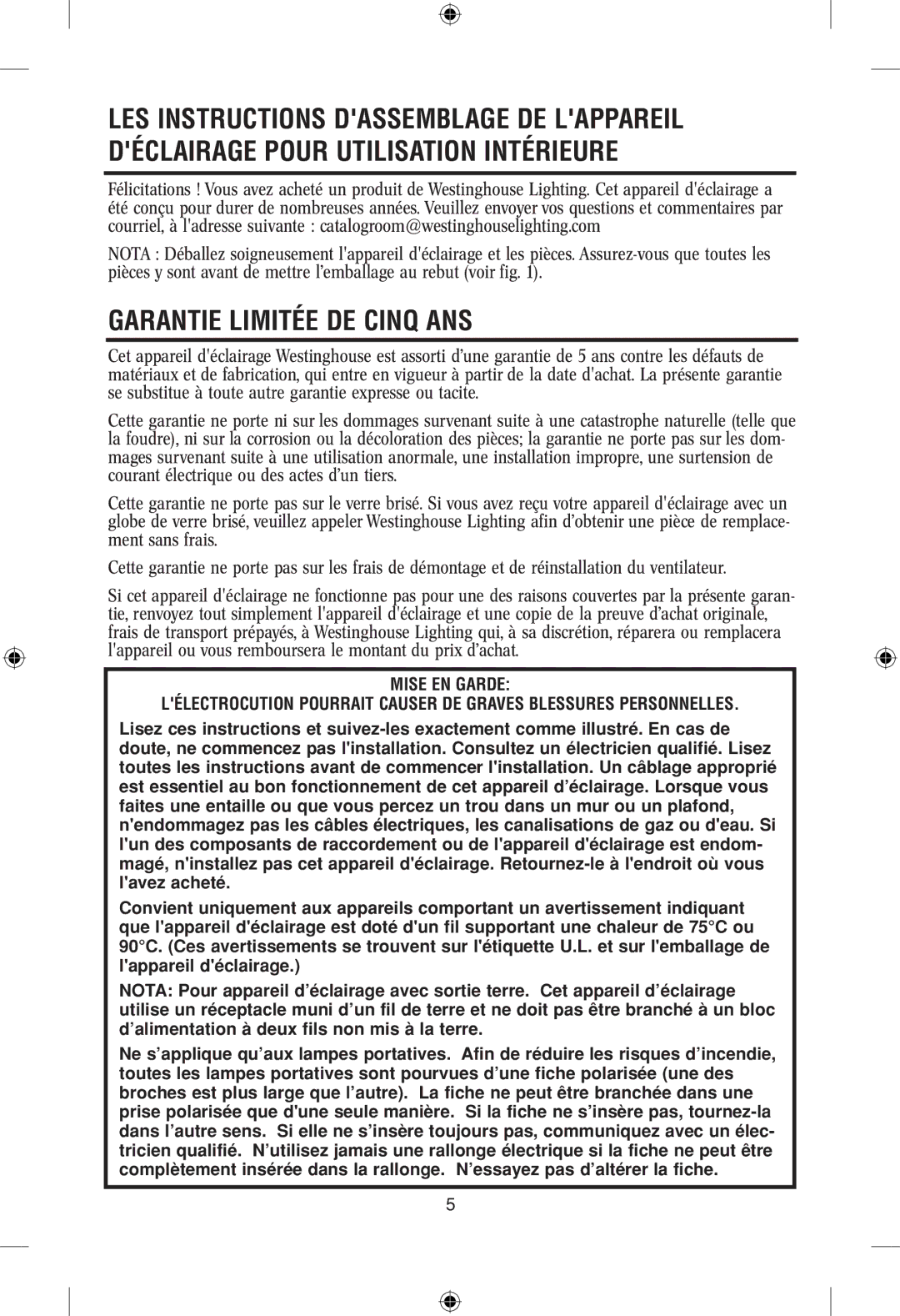 Westinghouse 101304 owner manual Garantie Limitée DE Cinq ANS 