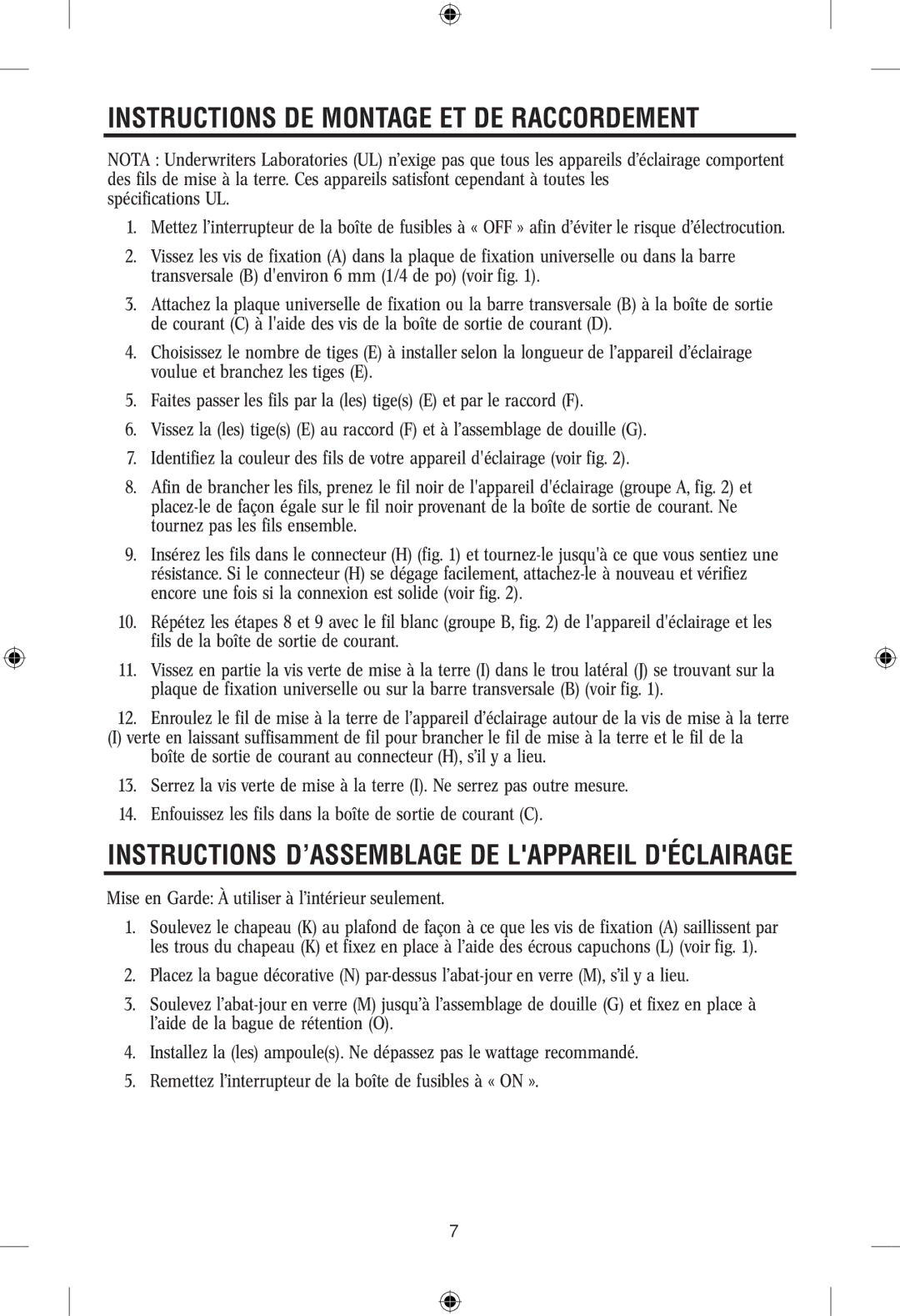 Westinghouse 101304 Instructions DE Montage ET DE Raccordement, INSTRUCTIONS D’ASSEMBLAGE DE Lappareil Déclairage 