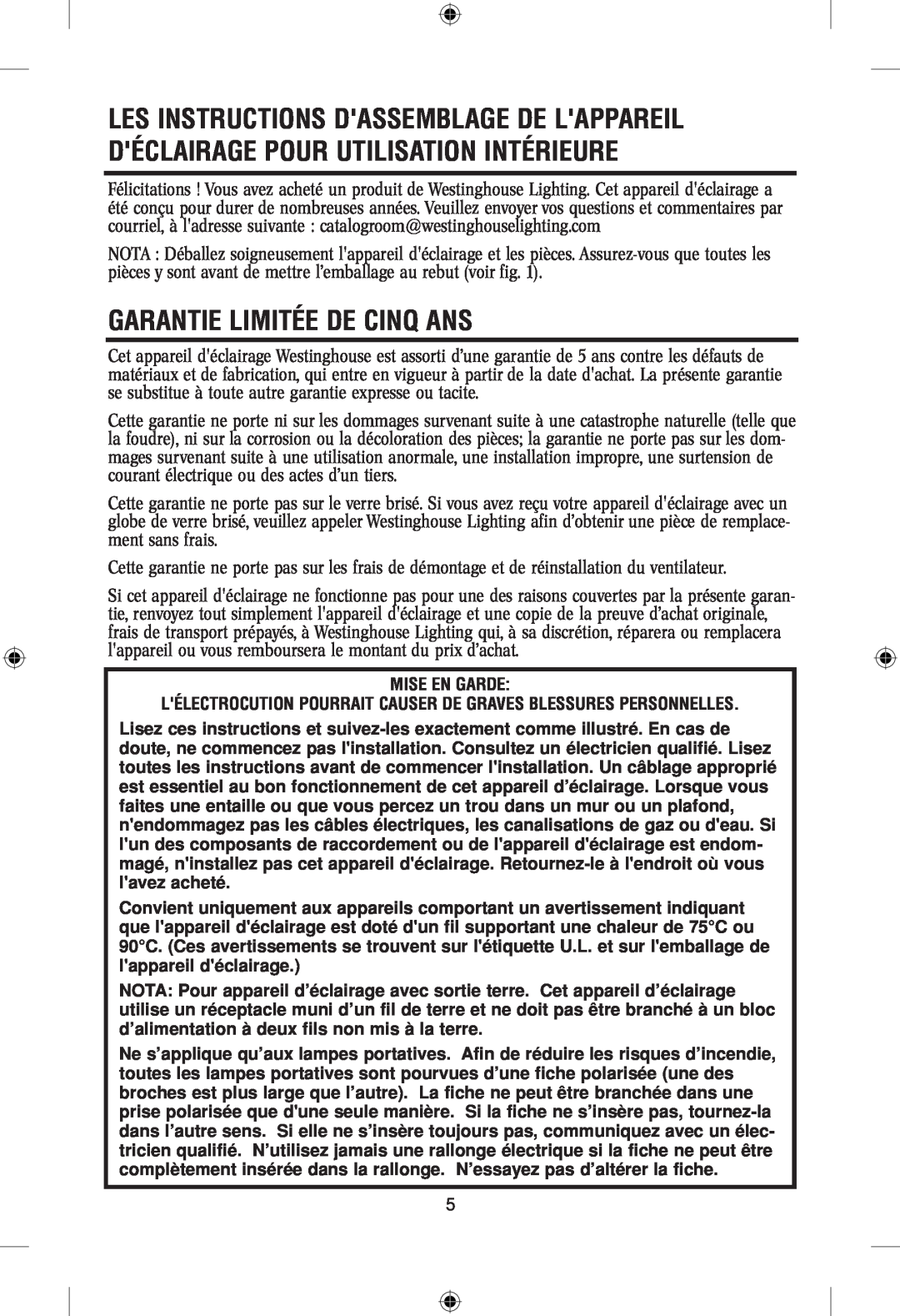 Westinghouse 101304 owner manual Garantie Limitée De Cinq Ans 