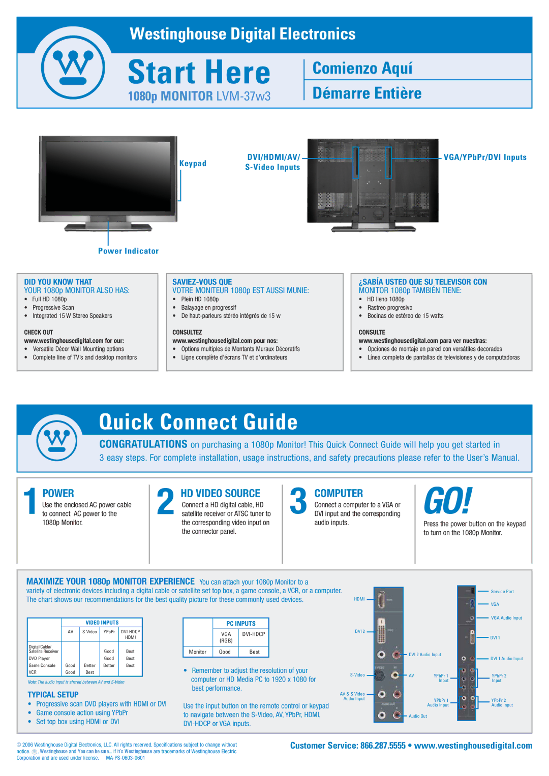 Westinghouse 1080p user manual 1POWER, Computer 