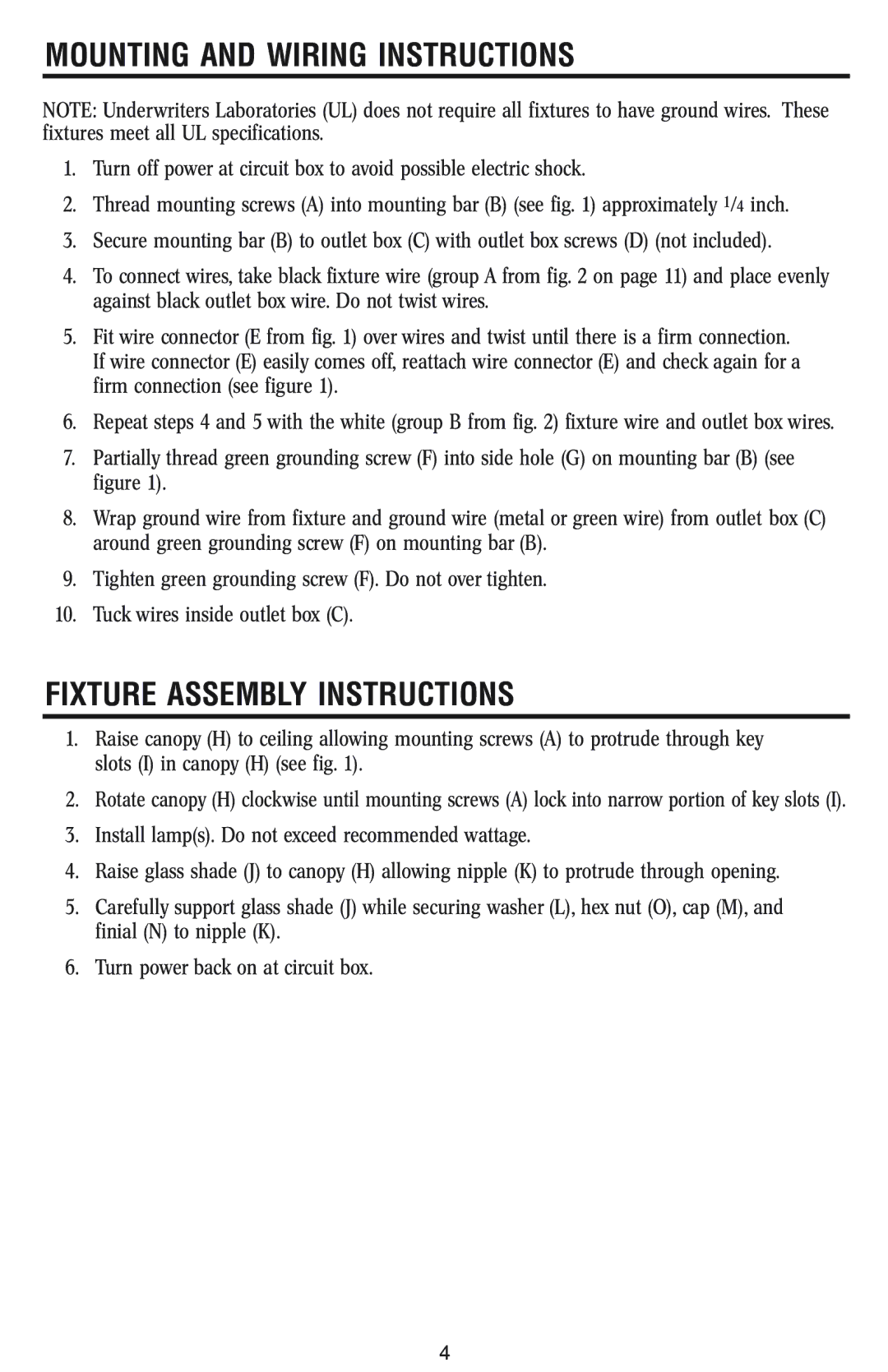 Westinghouse 1/14/04 owner manual Mounting and Wiring Instructions, Fixture Assembly Instructions 