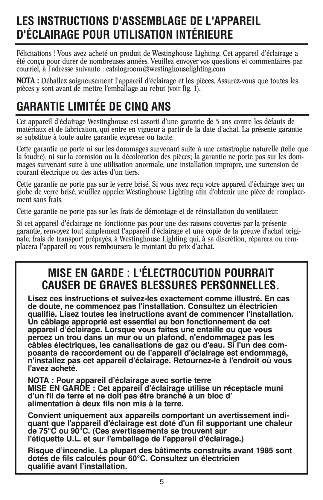 Westinghouse 1/14/04 owner manual Garantie Limitée DE Cinq ANS 