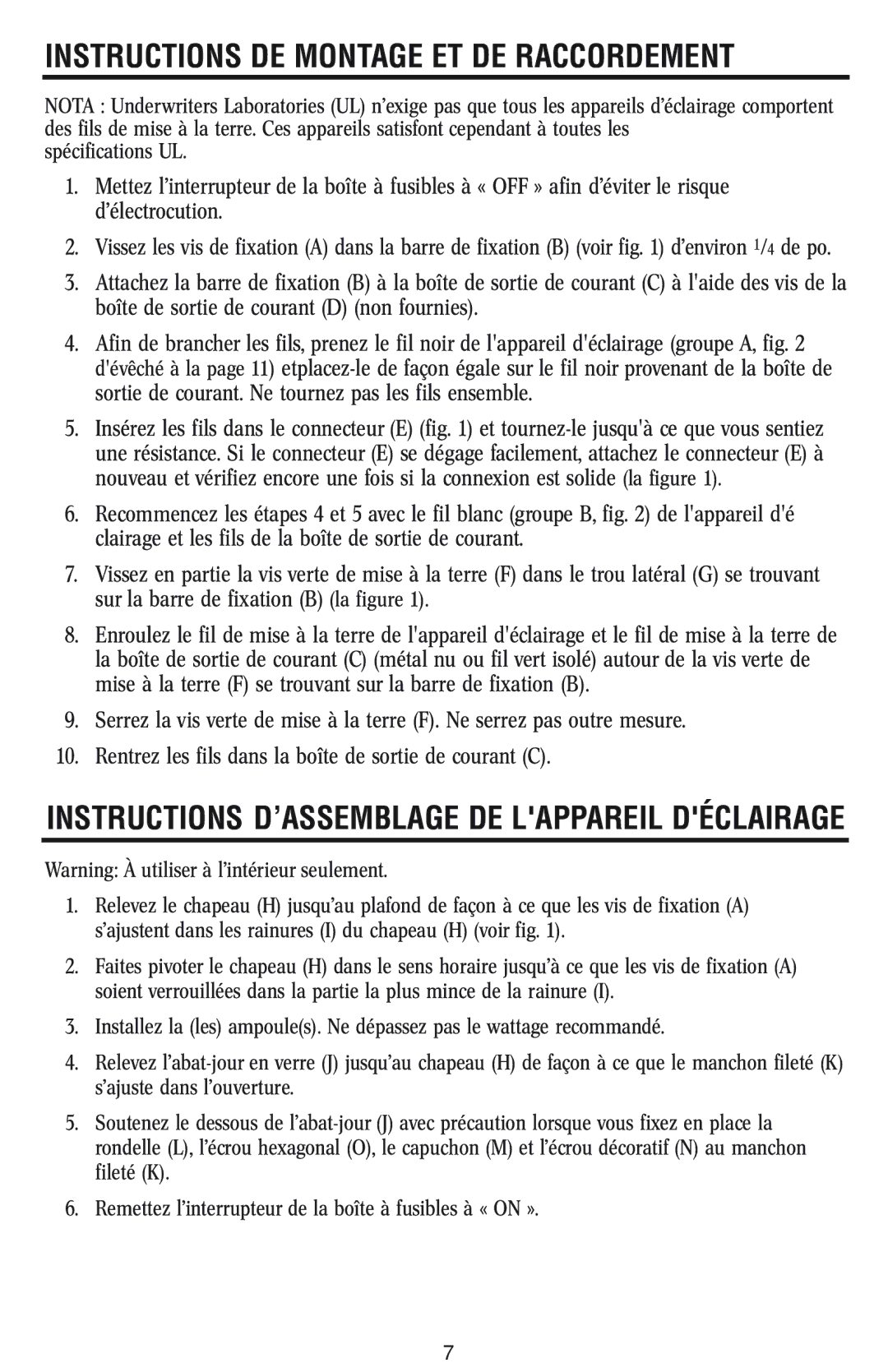 Westinghouse 1/14/04 Instructions DE Montage ET DE Raccordement, Instructions D’ASSEMBLAGE DE Lappareil Déclairage 