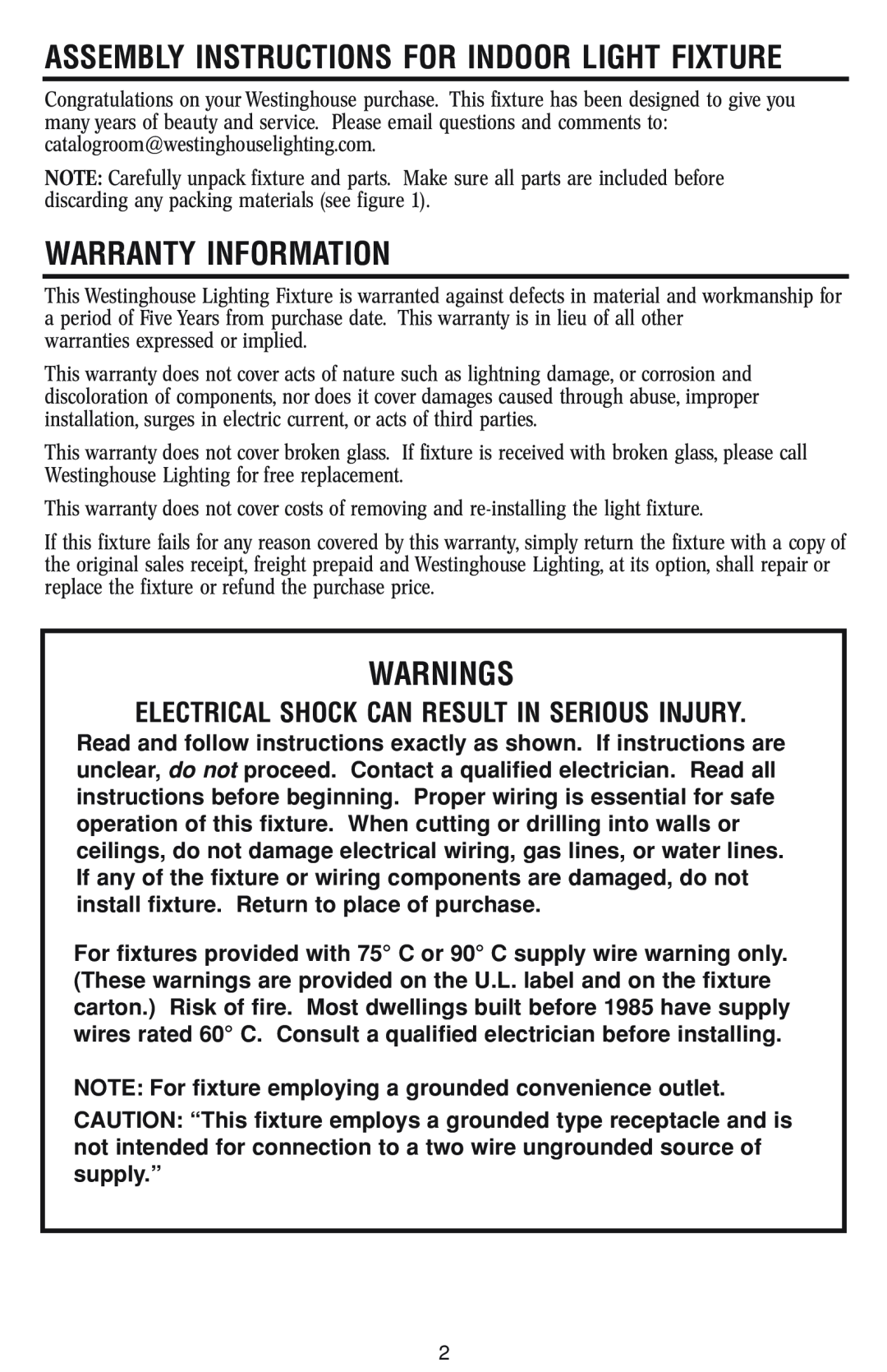 Westinghouse 1/14/04 owner manual Warranty Information, Warnings, Assembly Instructions For Indoor Light Fixture 