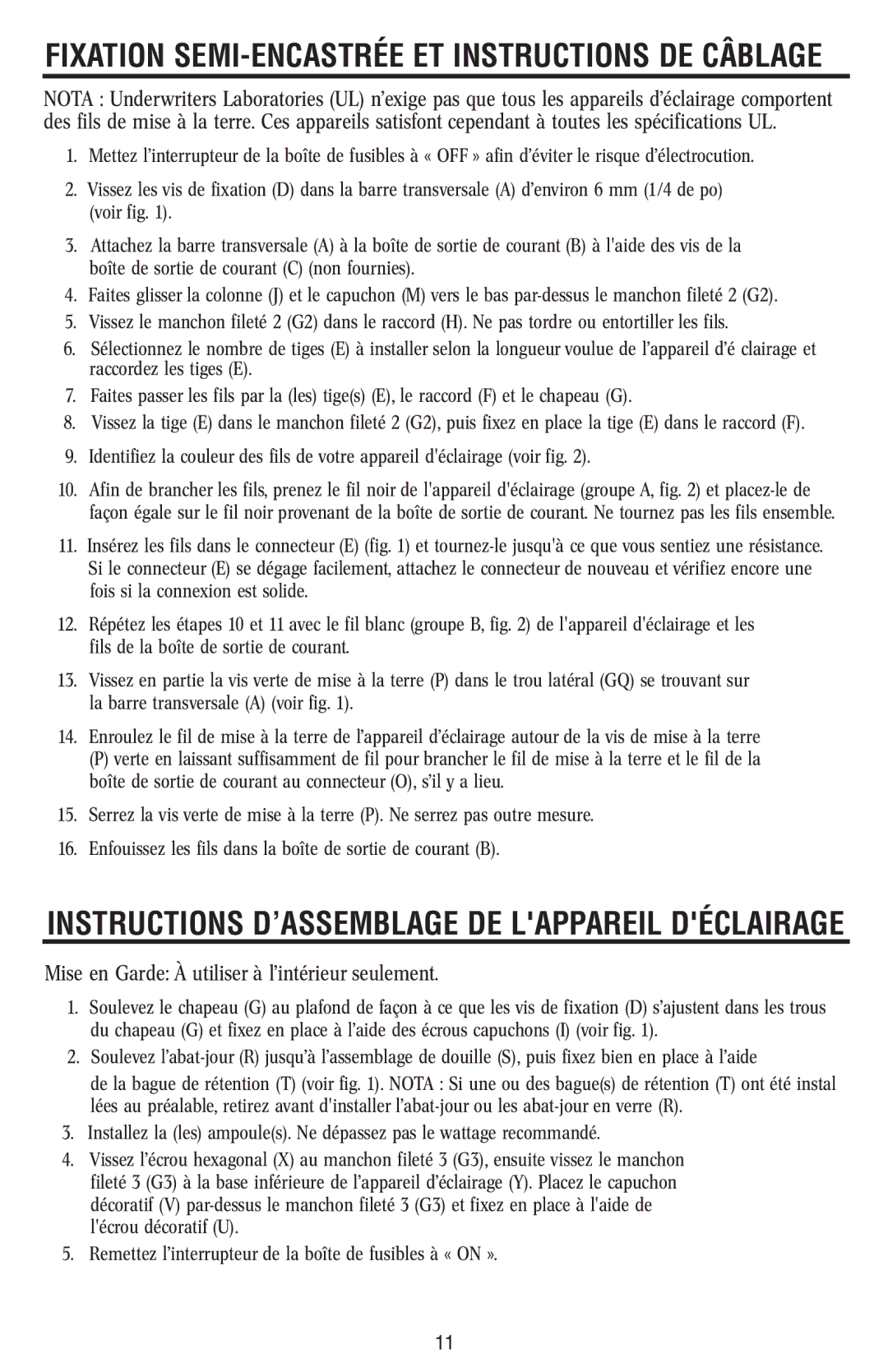 Westinghouse 120112 owner manual Fixation SEMI-ENCASTRÉE ET Instructions DE Câblage 