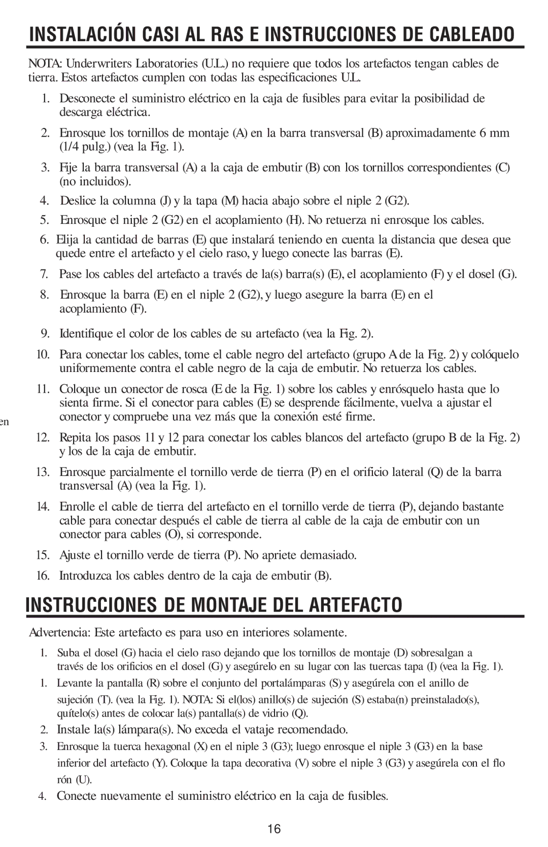 Westinghouse 120112 owner manual Instalación Casi AL RAS E Instrucciones DE Cableado 