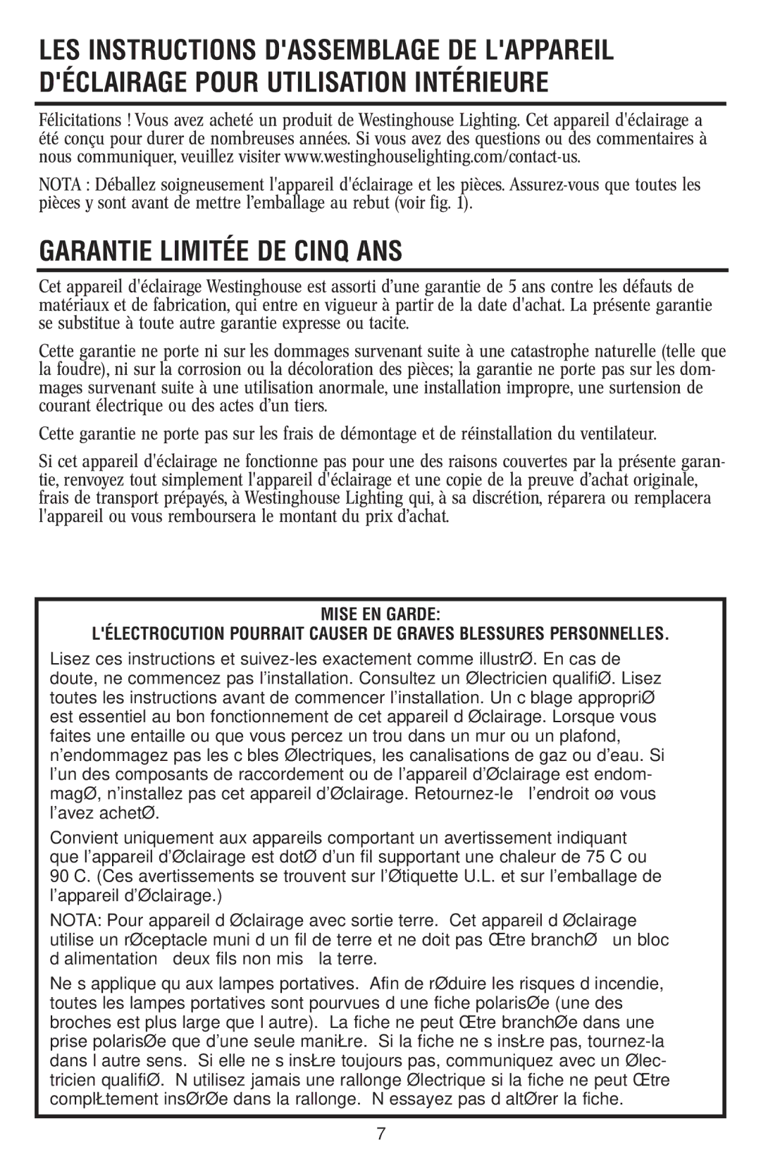 Westinghouse 120112 owner manual Garantie Limitée DE Cinq ANS 