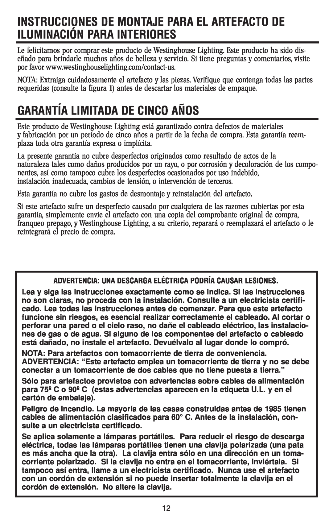 Westinghouse 120112 owner manual Garantía Limitada De Cinco Años 