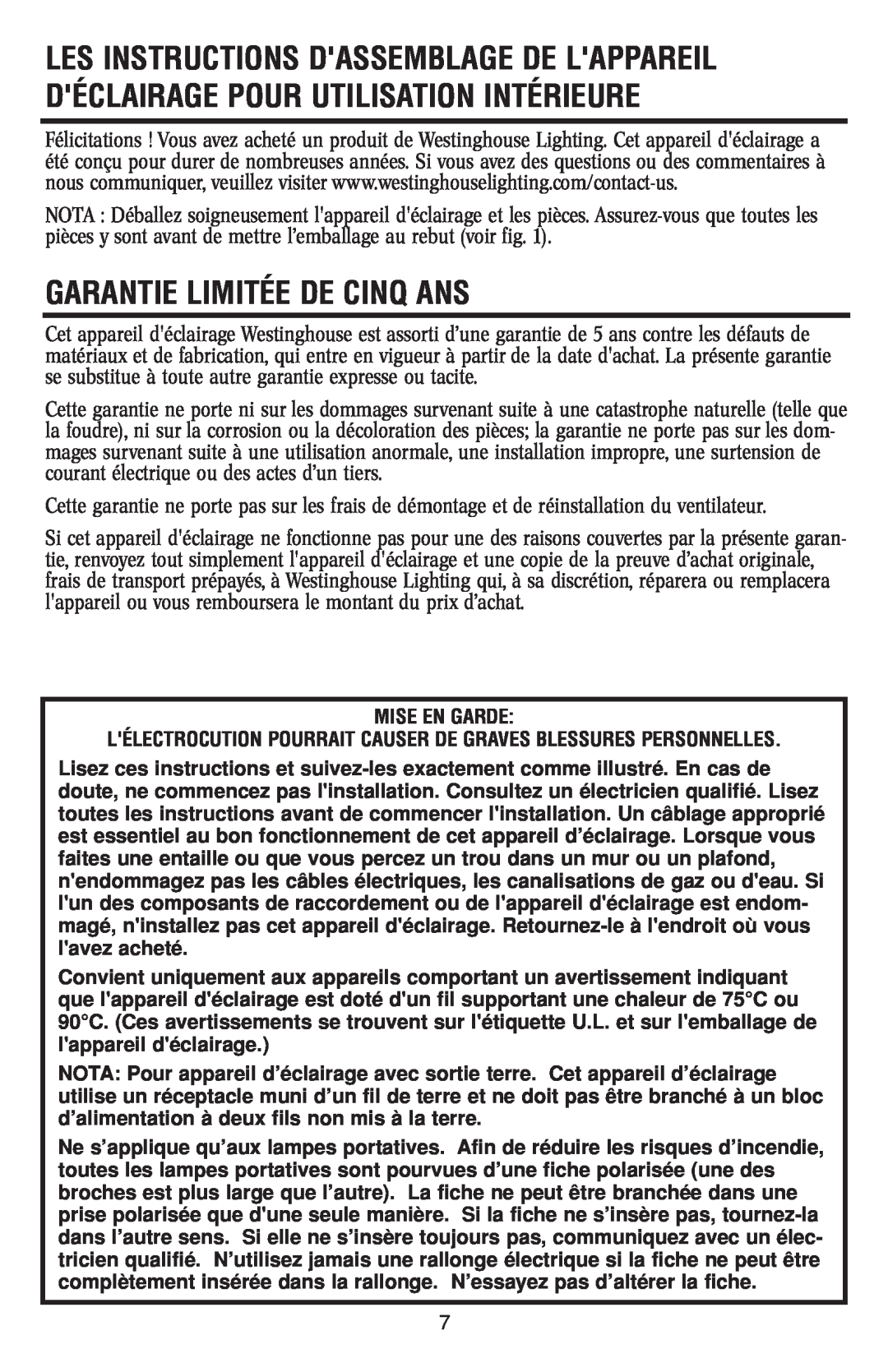 Westinghouse 120112 owner manual Garantie Limitée De Cinq Ans 