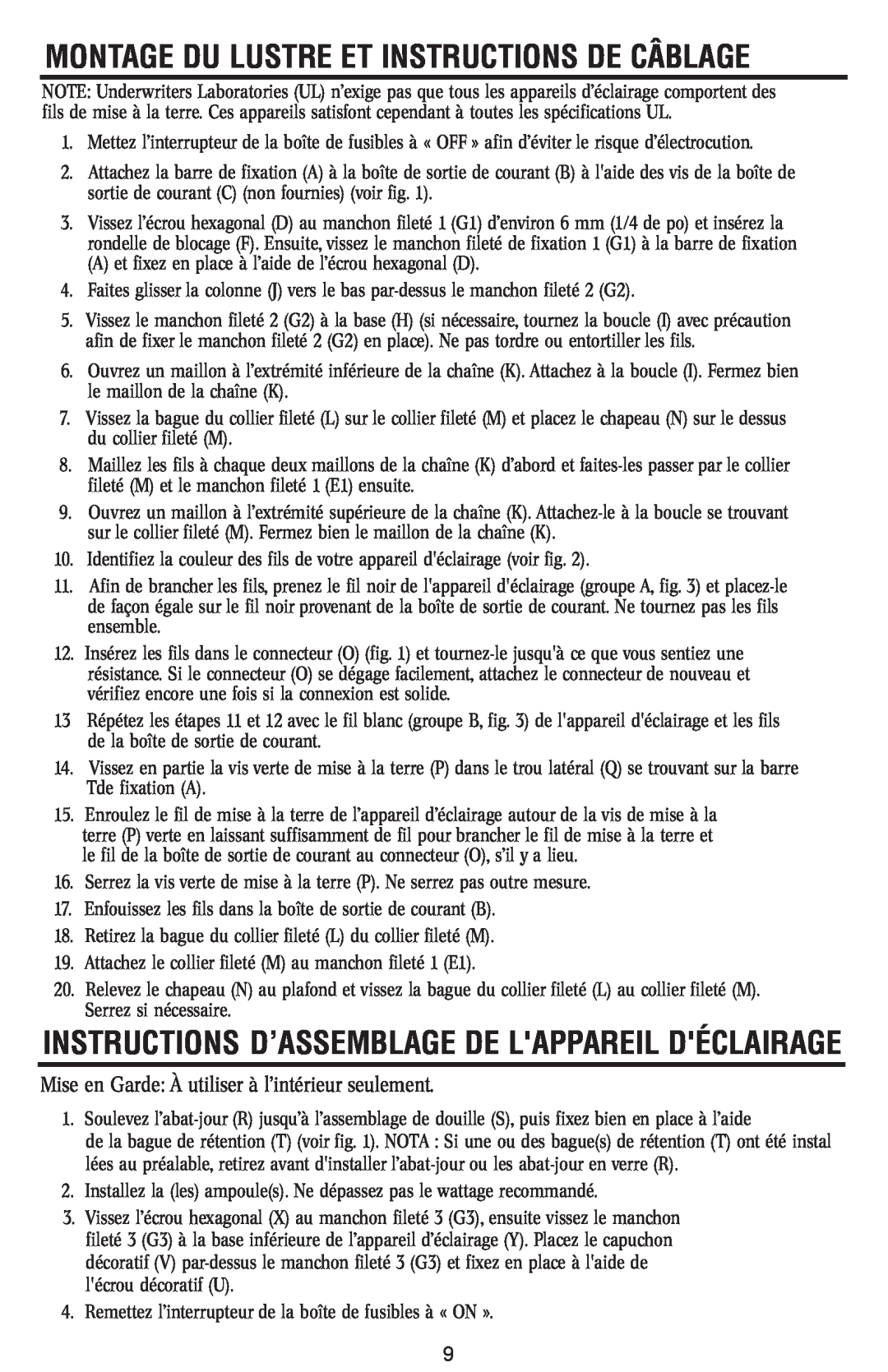 Westinghouse 120112 Instructions D’Assemblage De Lappareil Déclairage, Montage Du Lustre Et Instructions De Câblage 
