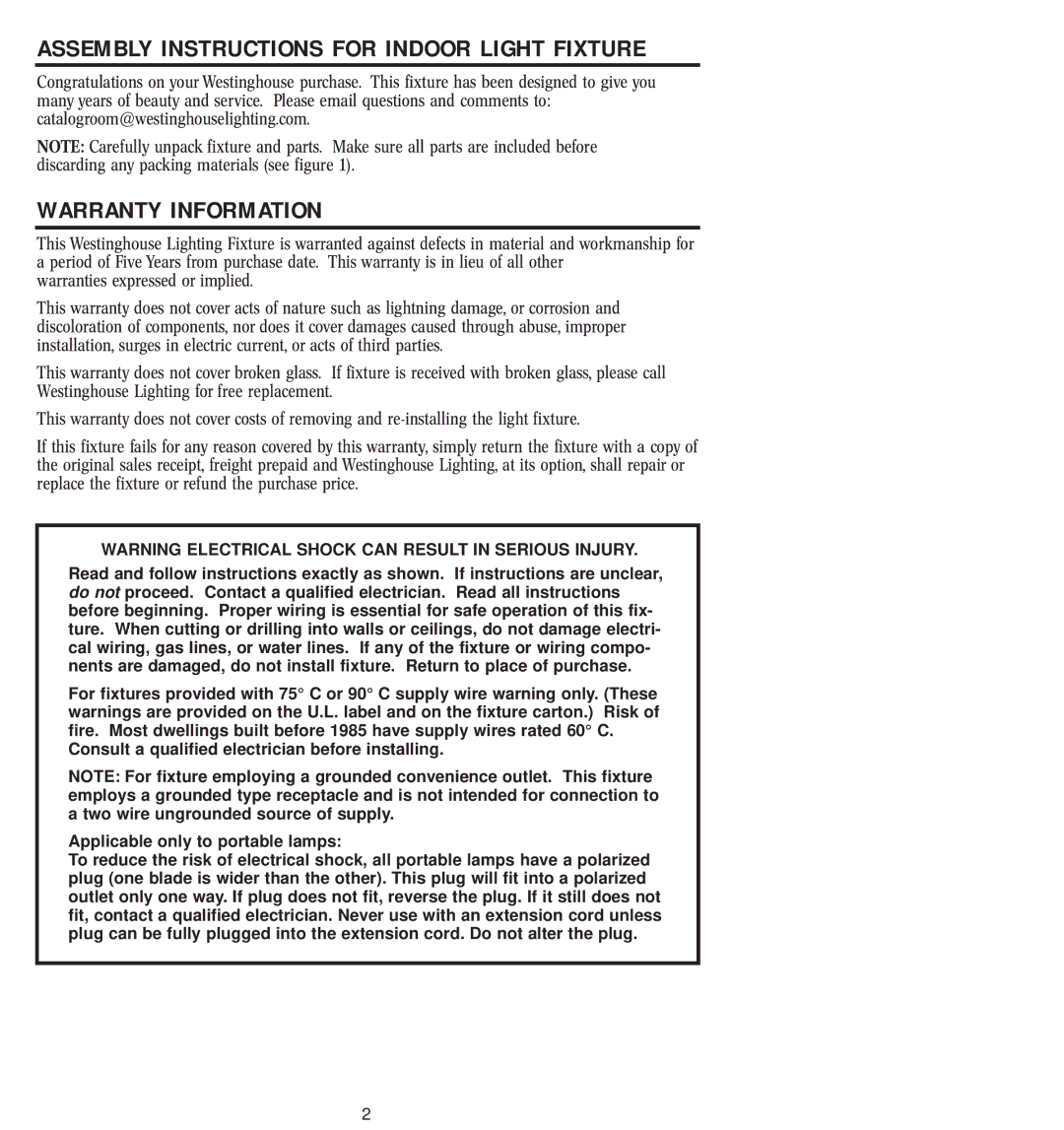 Westinghouse 12804 owner manual Warranty Information, Assembly Instructions for Indoor Light Fixture 